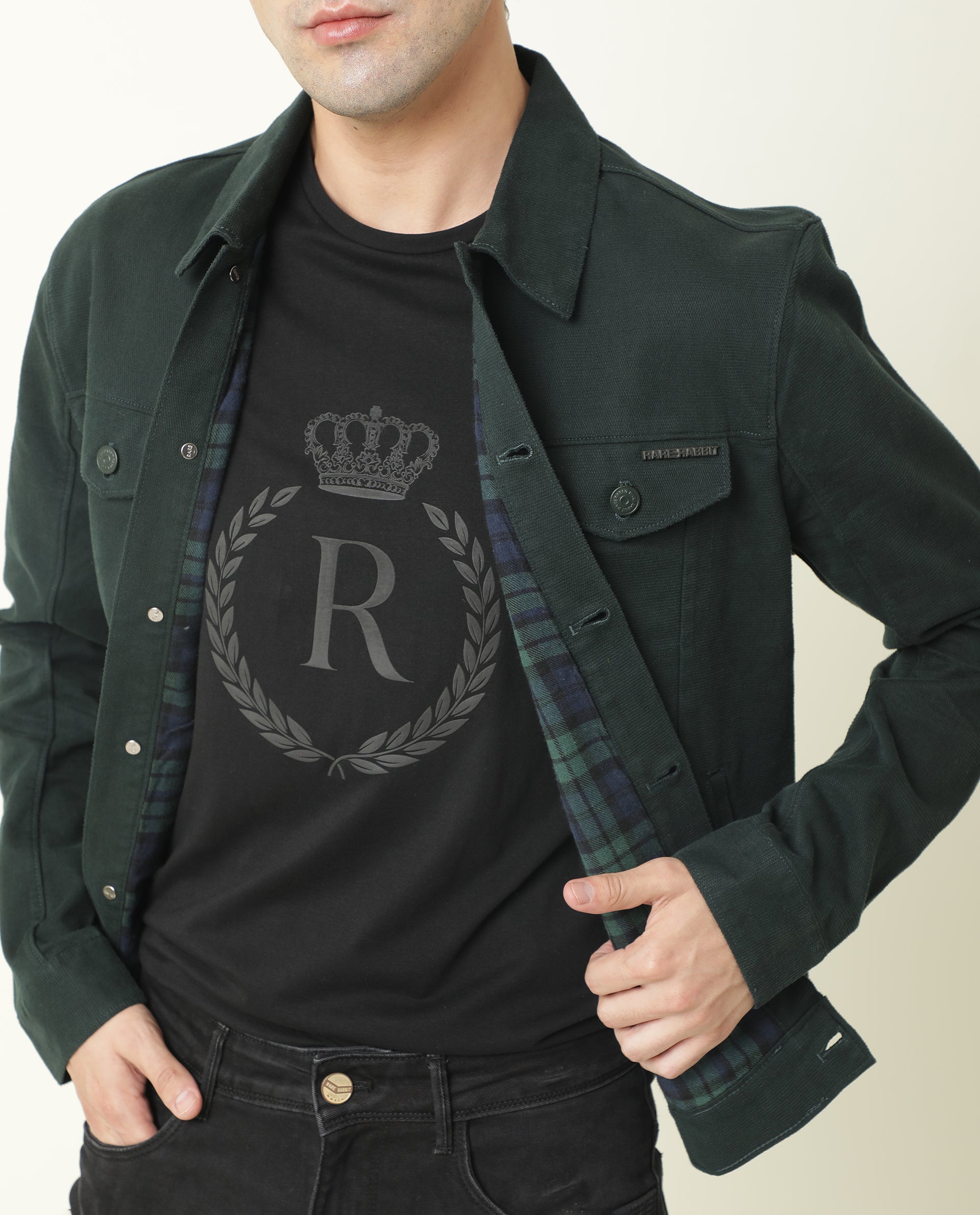 Rare Rabbit Men's Vintage Green Plain Regular Fit Full Sleeve Collared Jacket