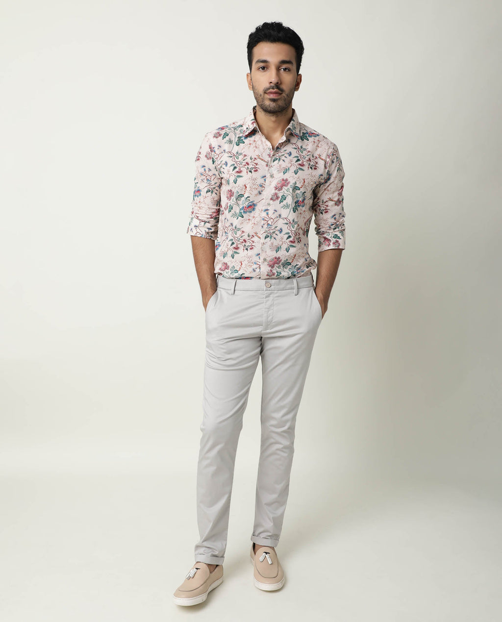 Rare Rabbit Men's Porto Beige Cotton Floral Print Regular Fit Full Sleeve Collared Shirt