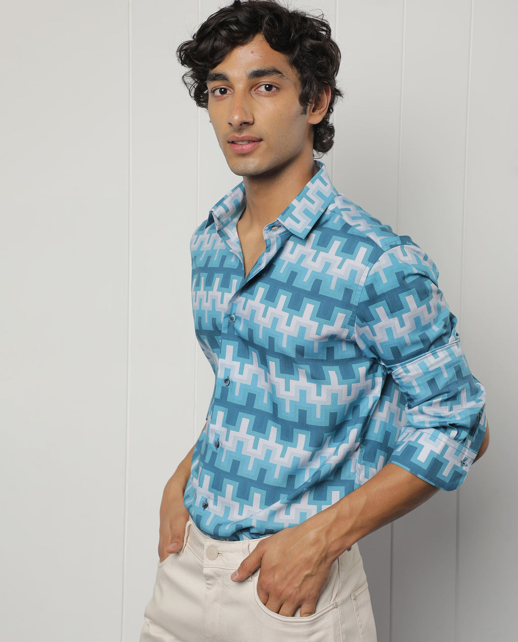 Rare Rabbit Men's Copat Blue Viscose Geometric Print Regular Fit Full Sleeve Collared Shirt