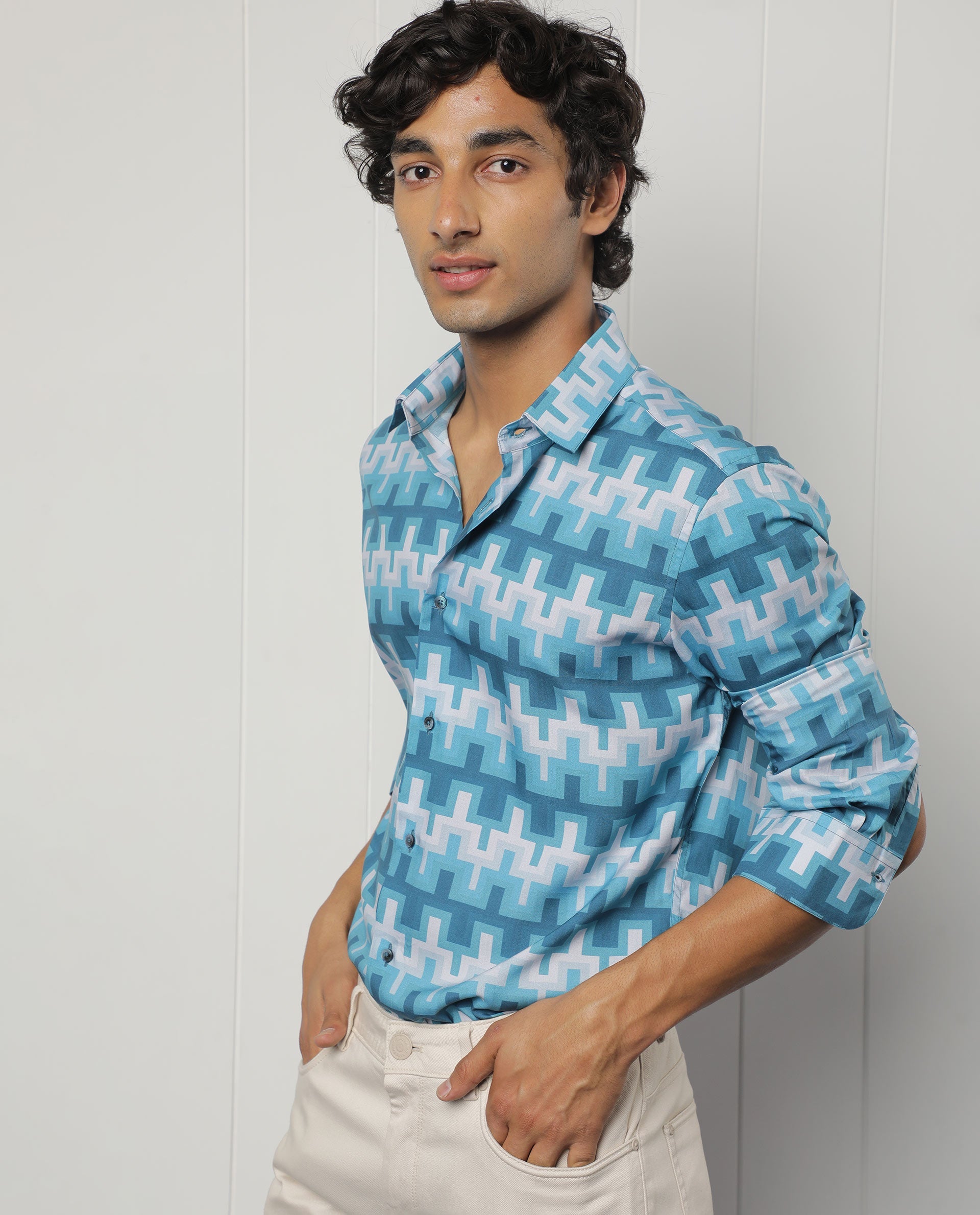 Rare Rabbit Men's Copat Blue Viscose Geometric Print Regular Fit Full Sleeve Collared Shirt