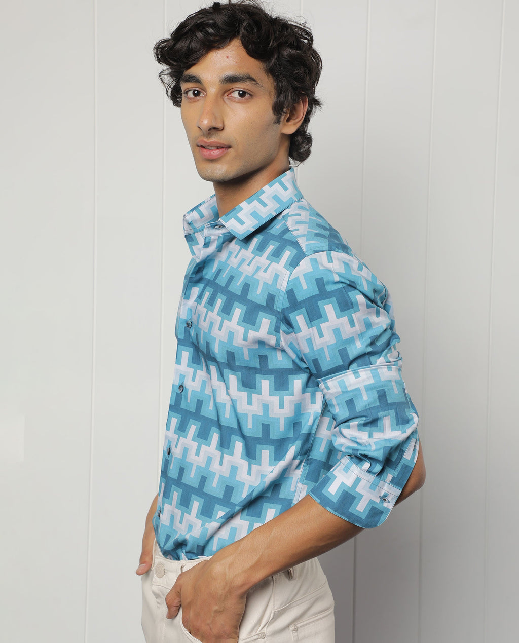 Rare Rabbit Men's Copat Blue Viscose Geometric Print Regular Fit Full Sleeve Collared Shirt
