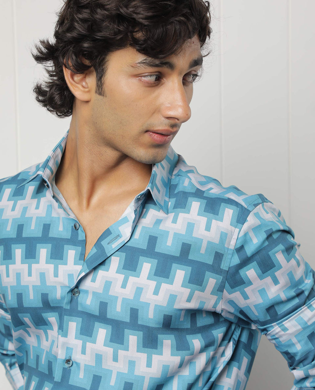 Rare Rabbit Men's Copat Blue Viscose Geometric Print Regular Fit Full Sleeve Collared Shirt