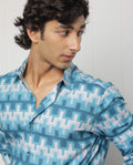 Rare Rabbit Men's Copat Blue Viscose Geometric Print Regular Fit Full Sleeve Collared Shirt