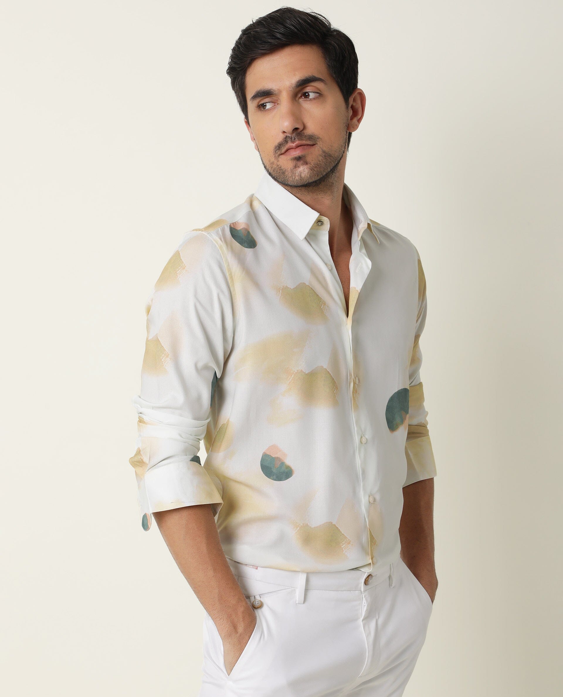 Rare Rabbit Men's Cedar Green Viscose Abstract Print Regular Fit Full Sleeve Collared Shirt