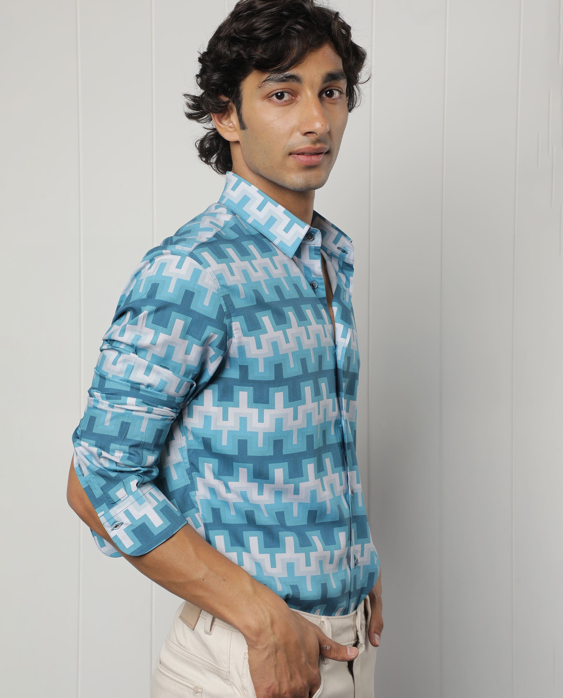 Rare Rabbit Men's Copat Blue Viscose Geometric Print Regular Fit Full Sleeve Collared Shirt