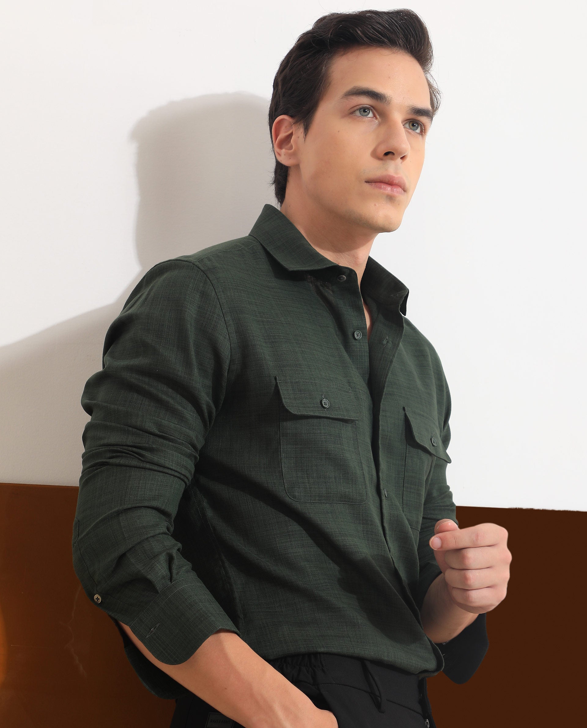 Rare Rabbit Men's Safa Olive Cotton Plain Regular Fit Full Sleeve Collared Shirt