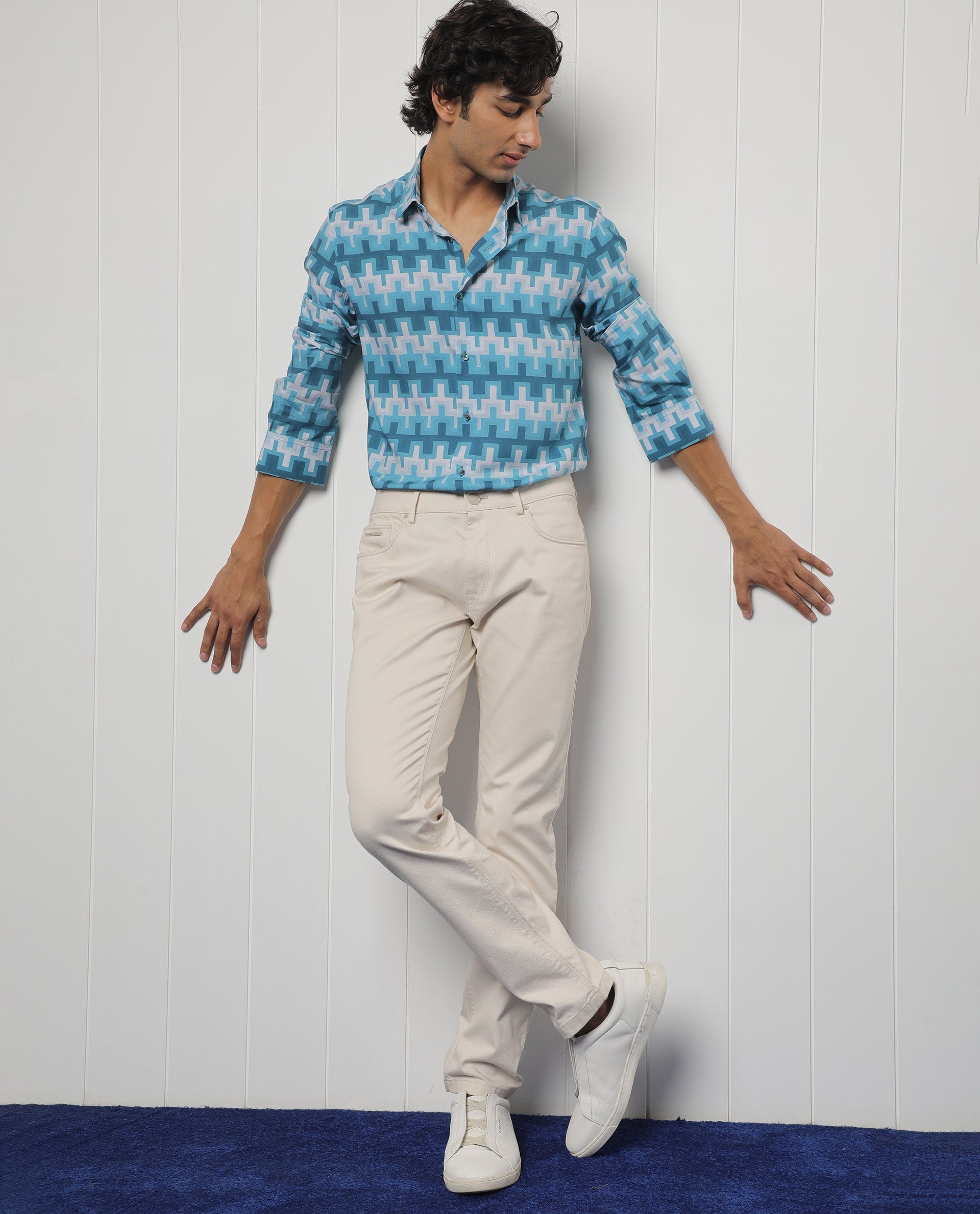 Rare Rabbit Men's Copat Blue Viscose Geometric Print Regular Fit Full Sleeve Collared Shirt