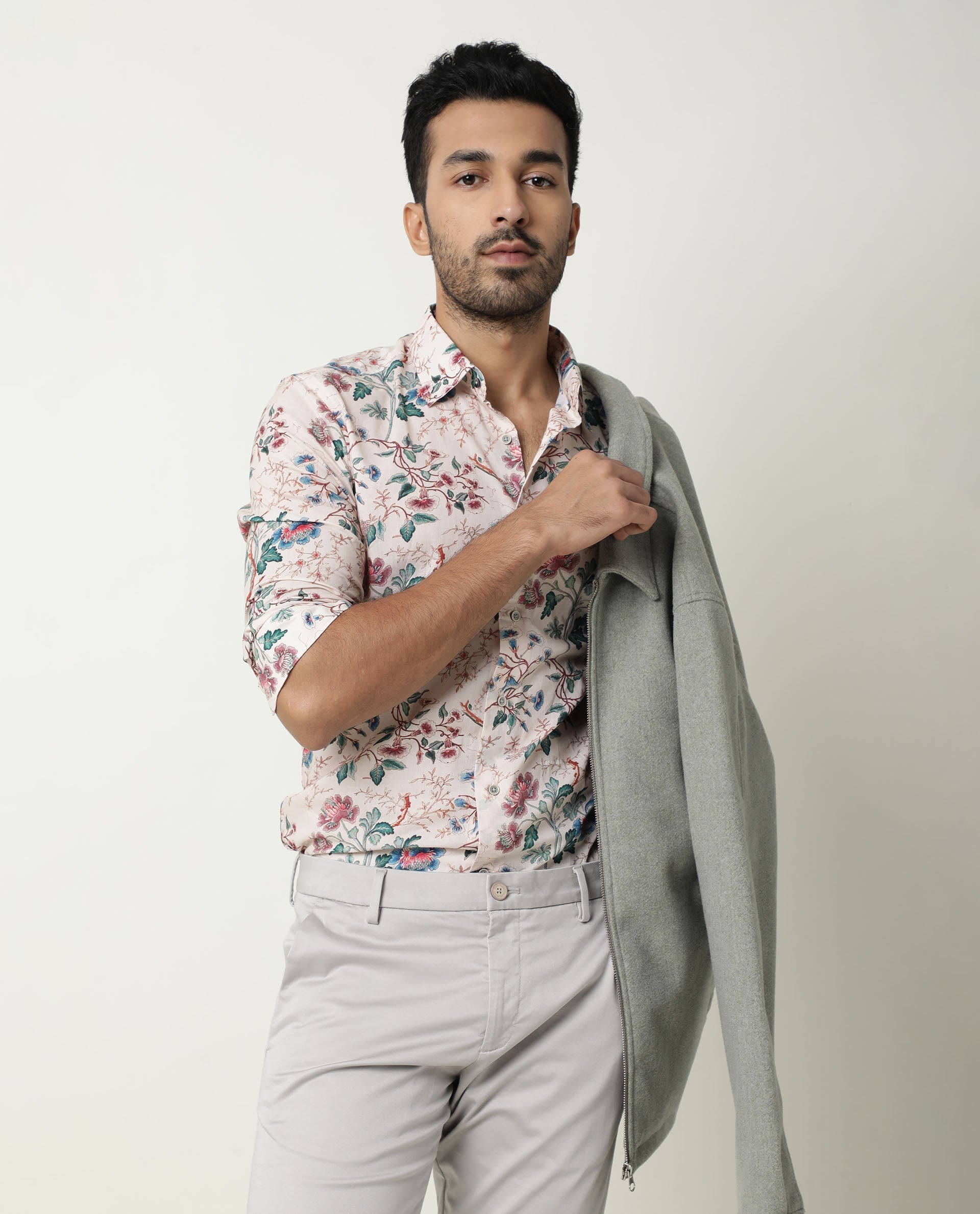 Rare Rabbit Men's Porto Beige Cotton Floral Print Regular Fit Full Sleeve Collared Shirt