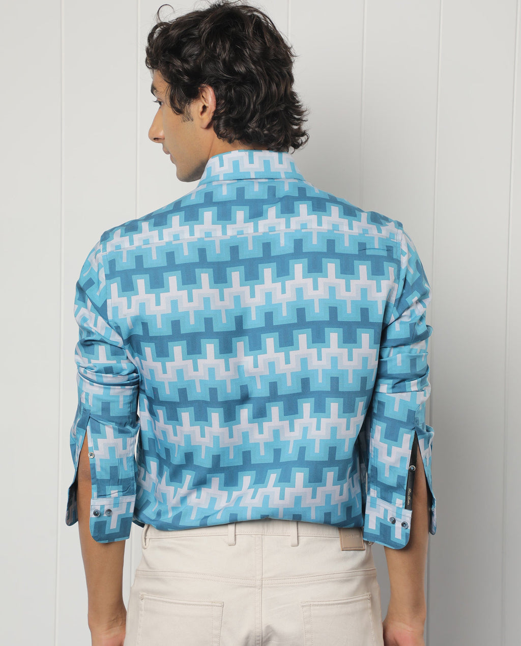 Rare Rabbit Men's Copat Blue Viscose Geometric Print Regular Fit Full Sleeve Collared Shirt