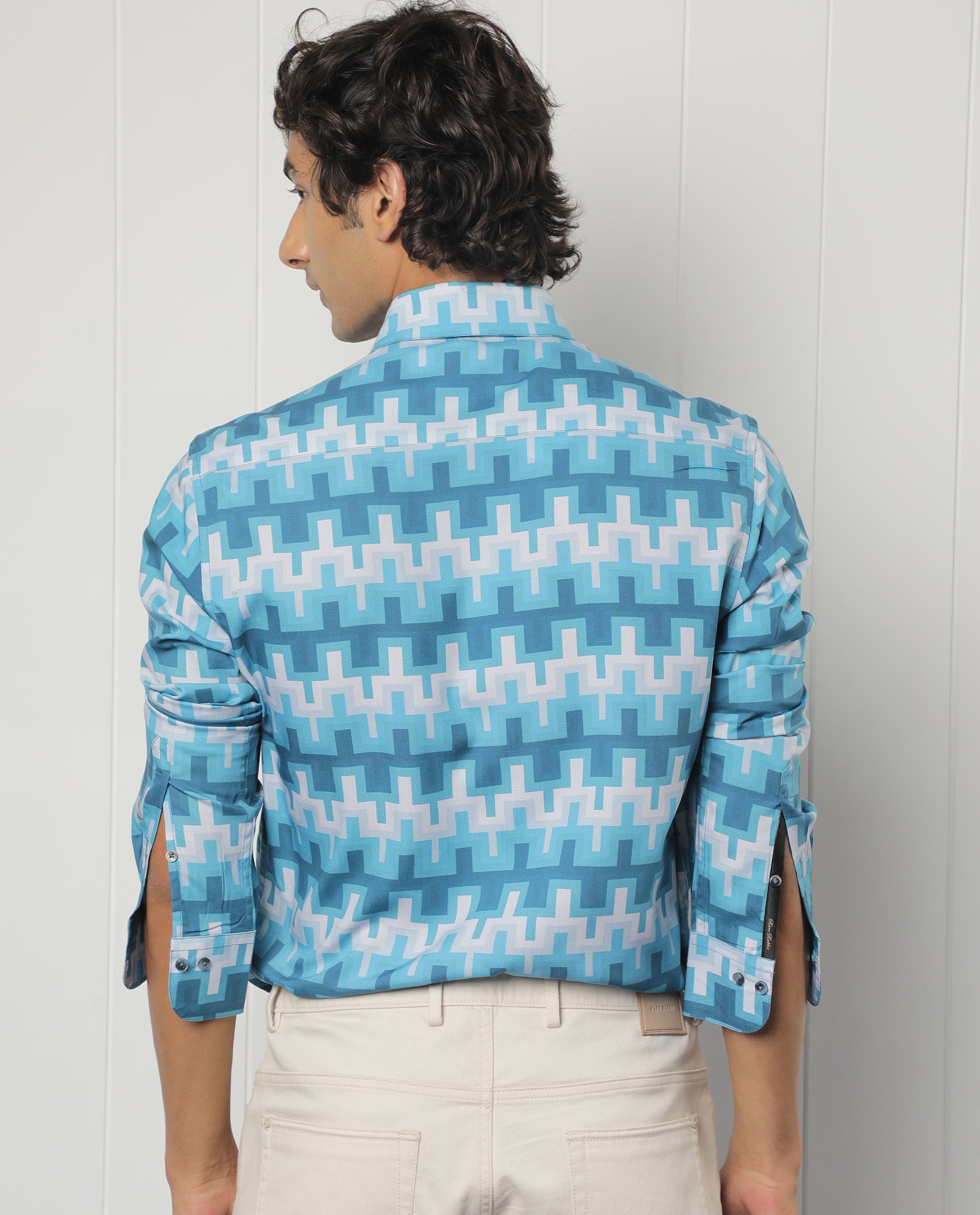 Rare Rabbit Men's Copat Blue Viscose Geometric Print Regular Fit Full Sleeve Collared Shirt
