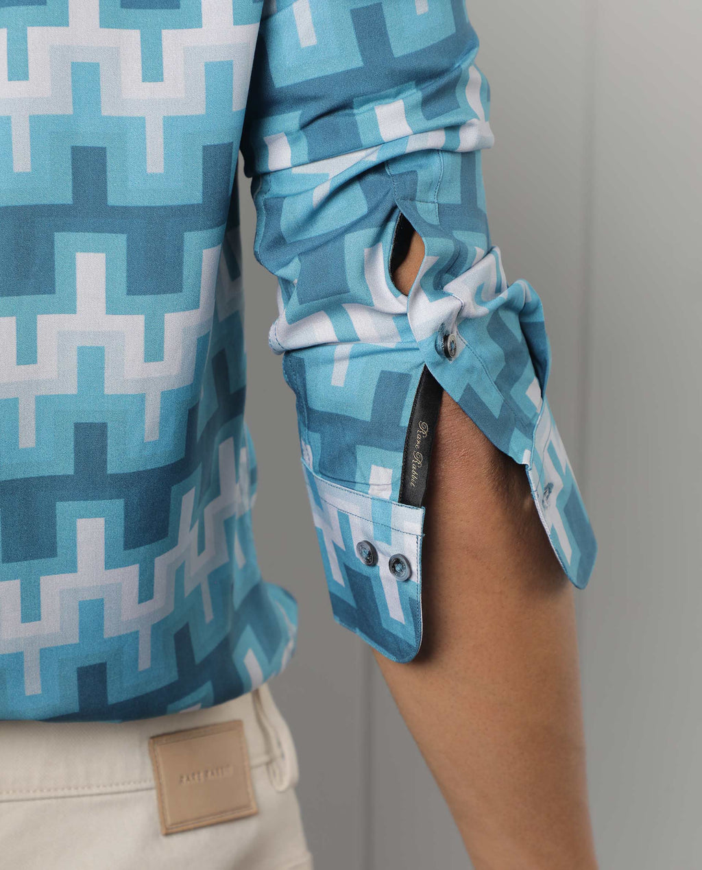 Rare Rabbit Men's Copat Blue Viscose Geometric Print Regular Fit Full Sleeve Collared Shirt
