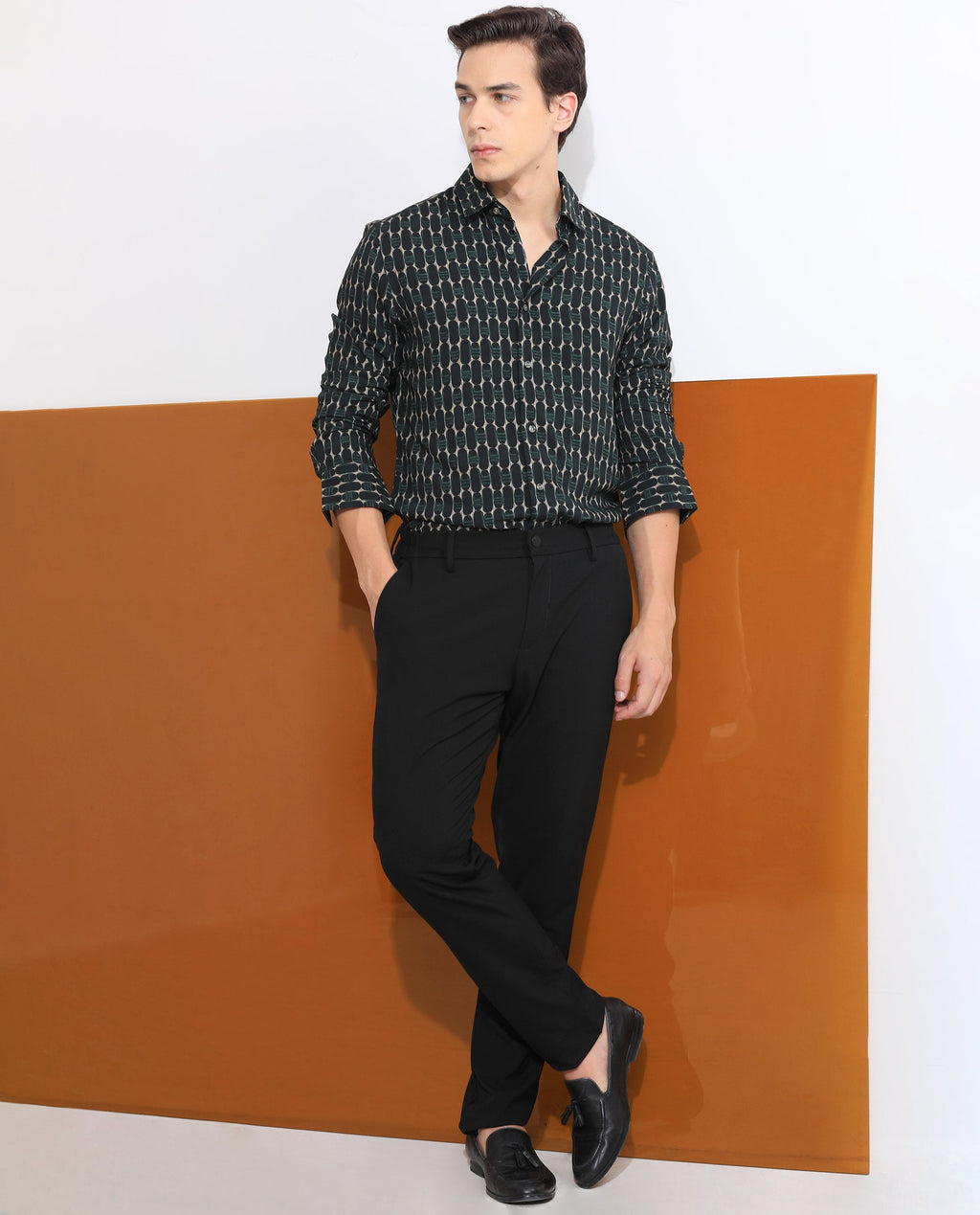 Rare Rabbit Men's Oliver Green Viscose Geometric Print Regular Fit Full Sleeve Collared Shirt