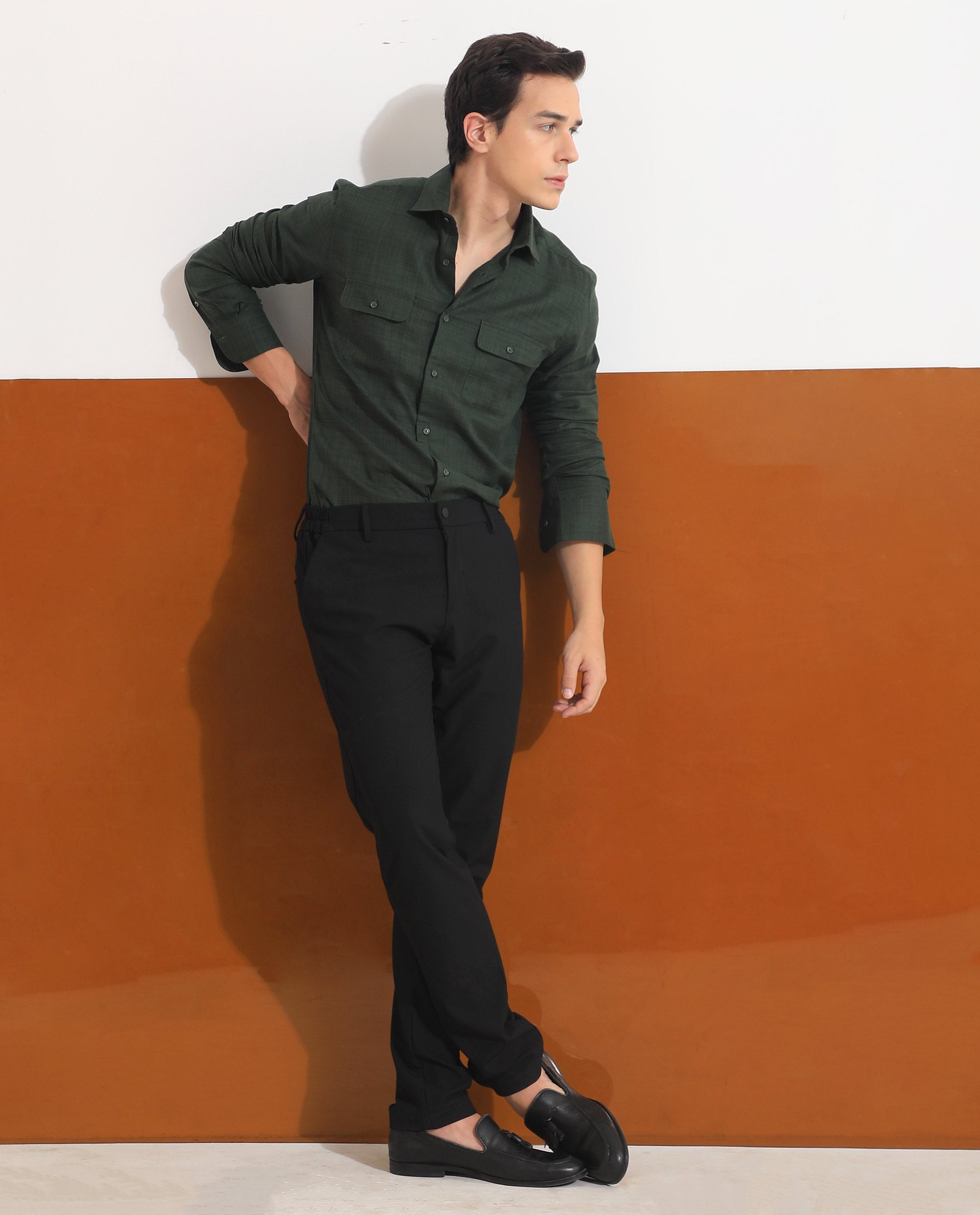 Rare Rabbit Men's Safa Olive Cotton Plain Regular Fit Full Sleeve Collared Shirt