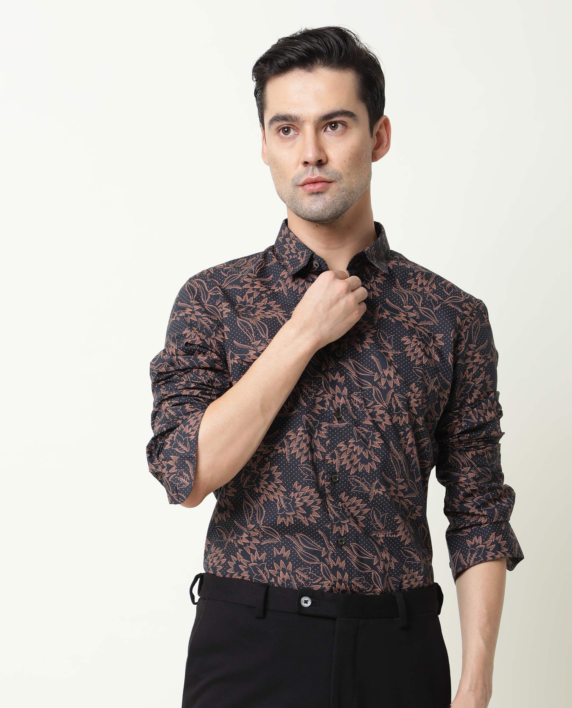 Rare Rabbit Men's Rai Navy Cotton Regular Fit Full Sleeve Spread Collar Shirt