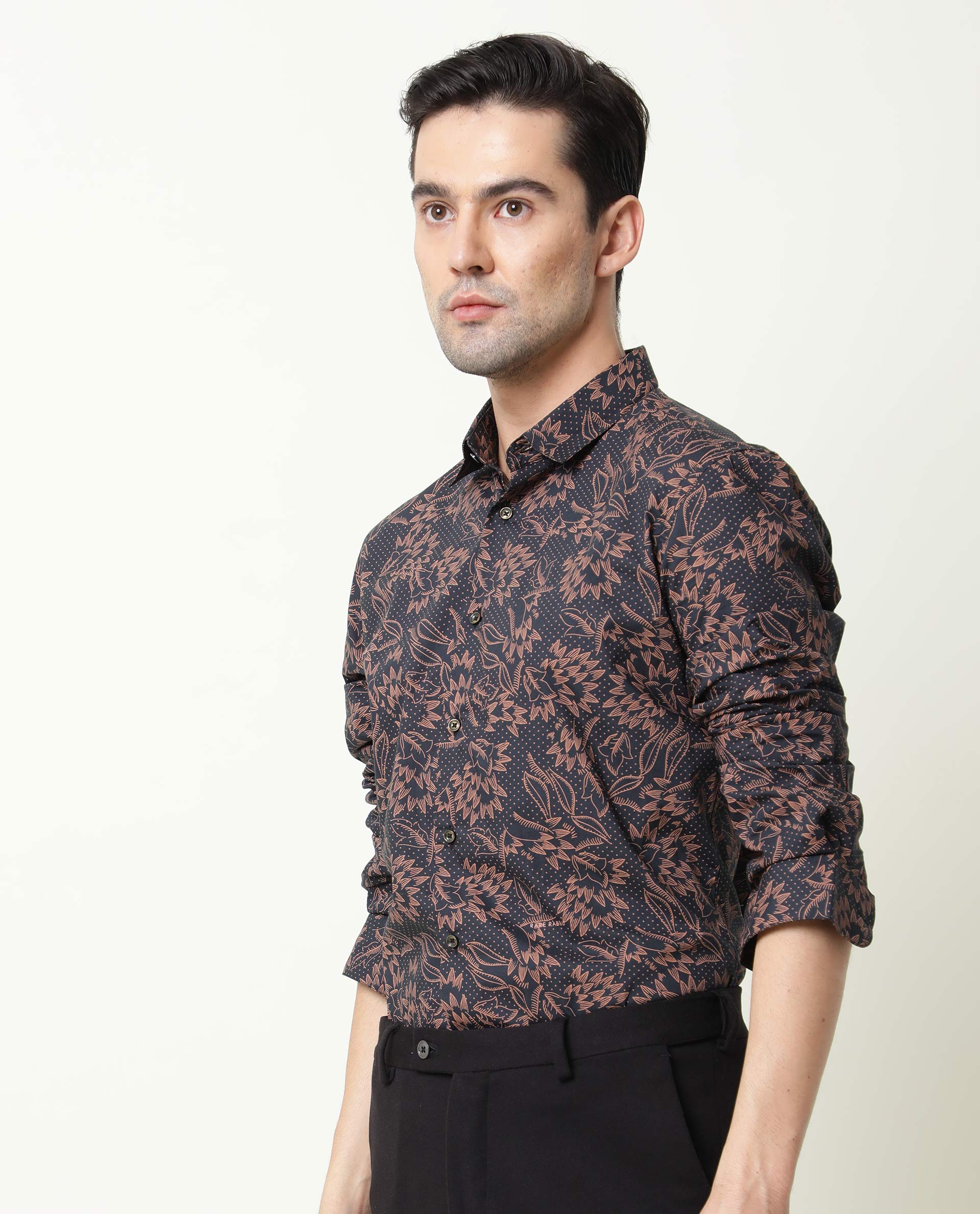Rare Rabbit Men's Rai Navy Cotton Regular Fit Full Sleeve Spread Collar Shirt
