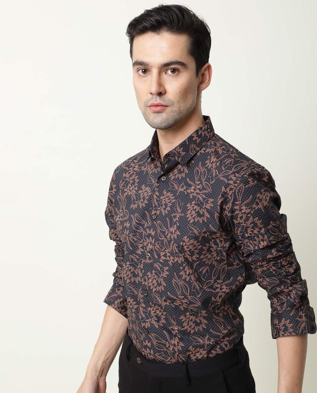 Rare Rabbit Men's Rai Navy Cotton Regular Fit Full Sleeve Spread Collar Shirt