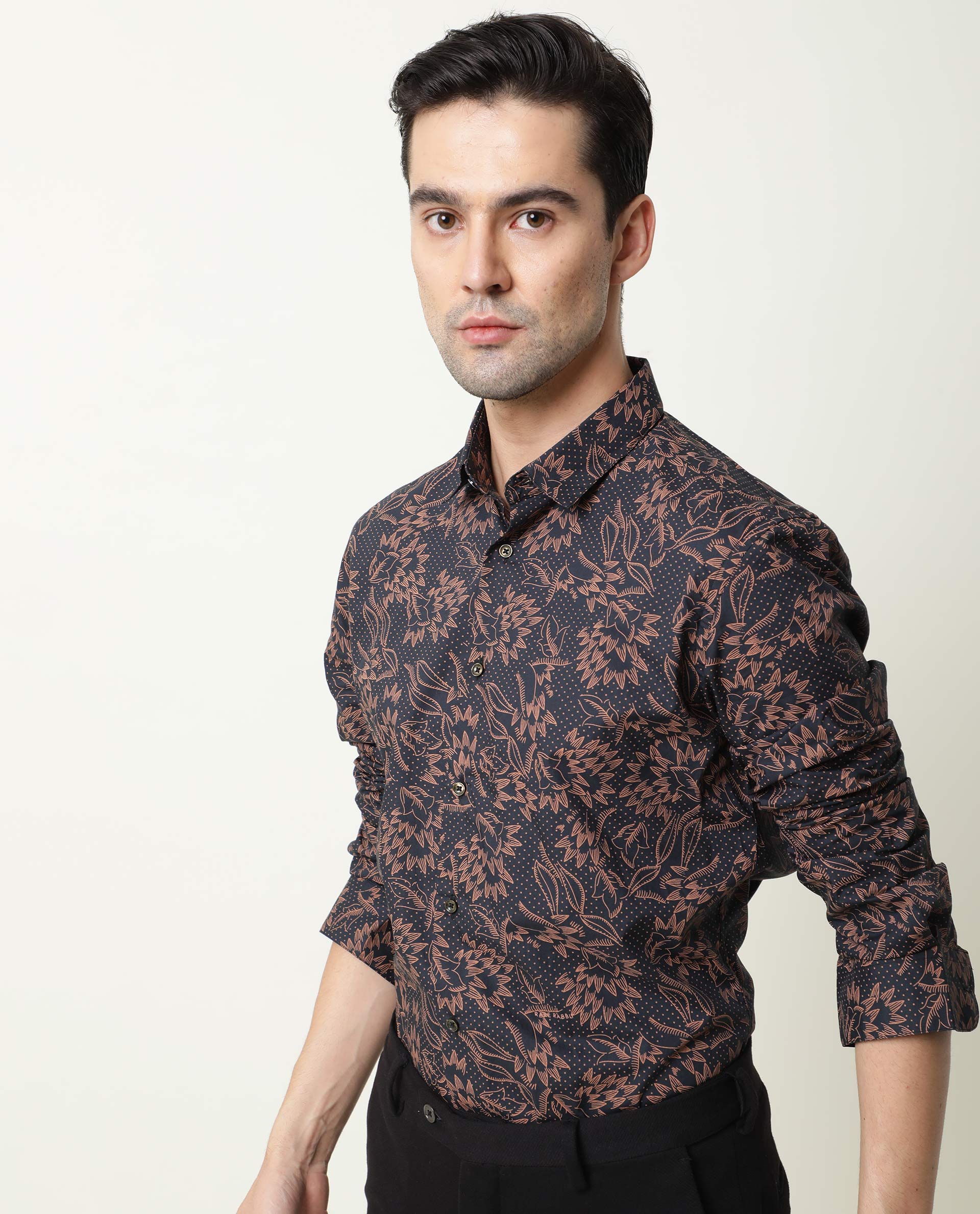 Rare Rabbit Men's Rai Navy Cotton Regular Fit Full Sleeve Spread Collar Shirt