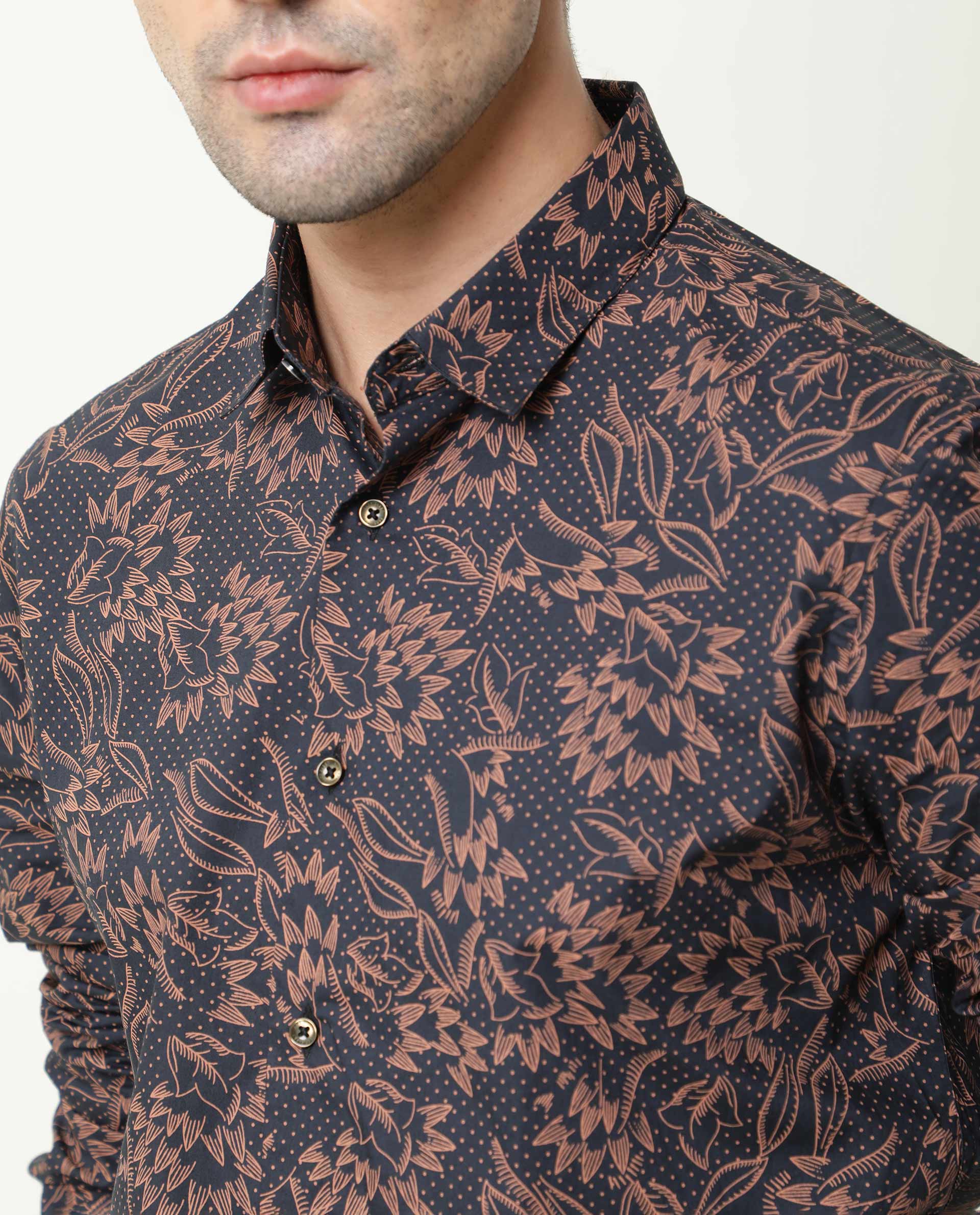Rare Rabbit Men's Rai Navy Cotton Regular Fit Full Sleeve Spread Collar Shirt