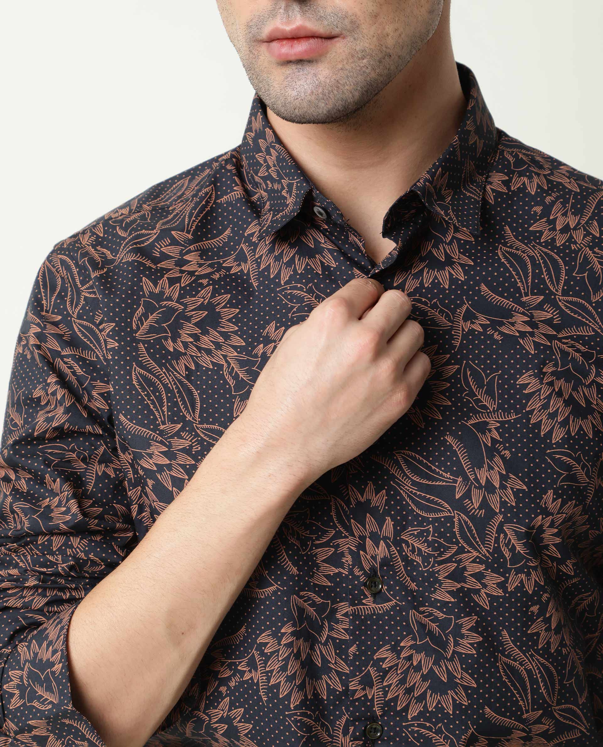 Rare Rabbit Men's Rai Navy Cotton Regular Fit Full Sleeve Spread Collar Shirt
