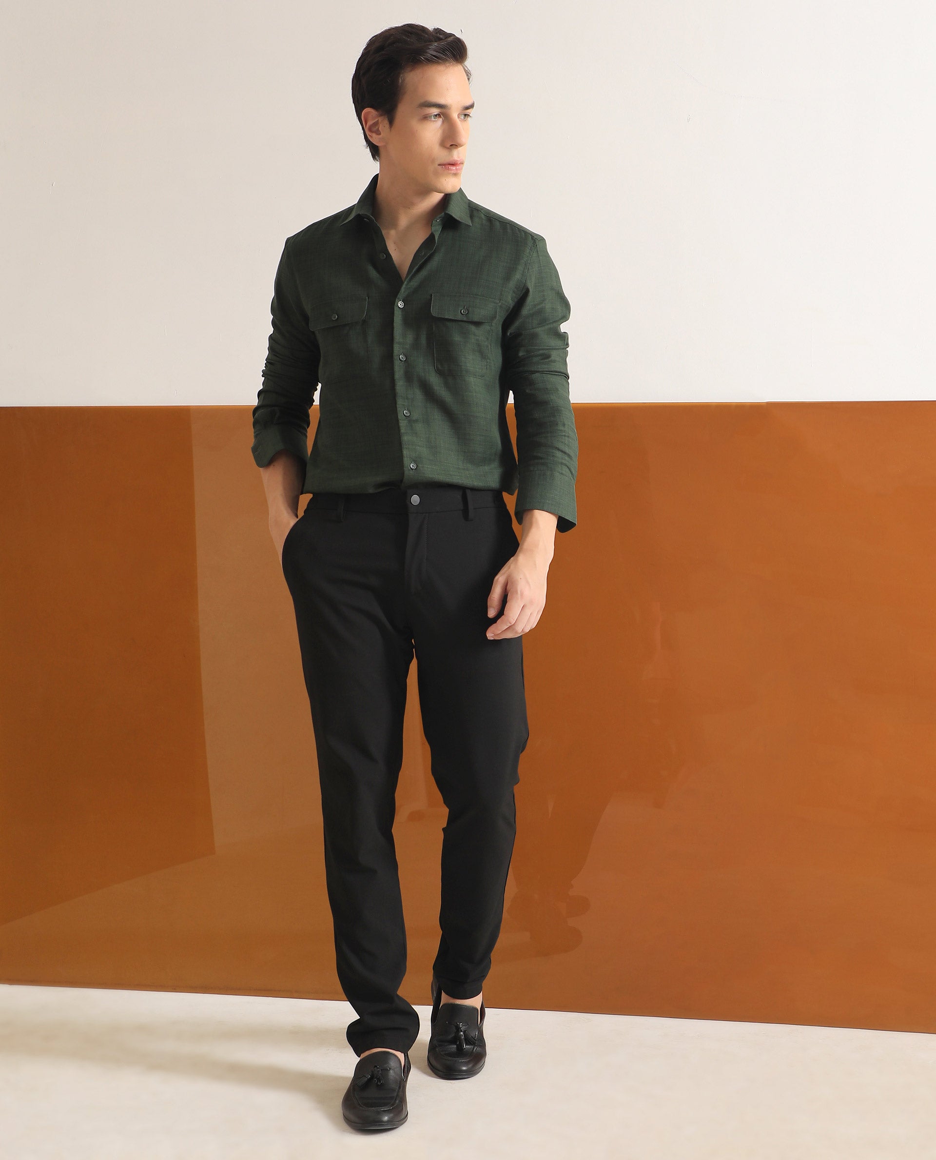 Rare Rabbit Men's Safa Olive Cotton Plain Regular Fit Full Sleeve Collared Shirt