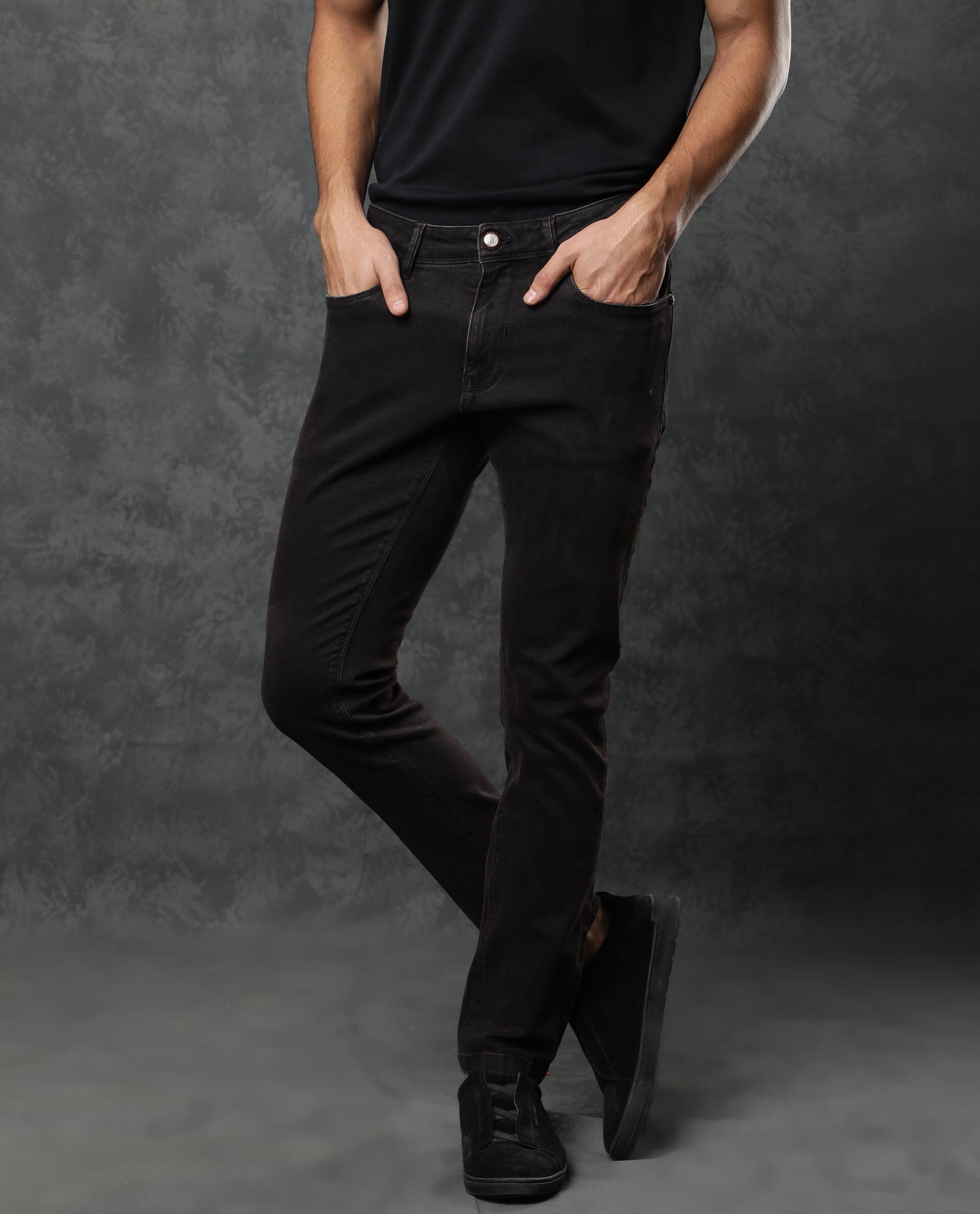 Rare Rabbit Men's Nate Maroon Cotton Plain Hawk Slim Fit Jeans