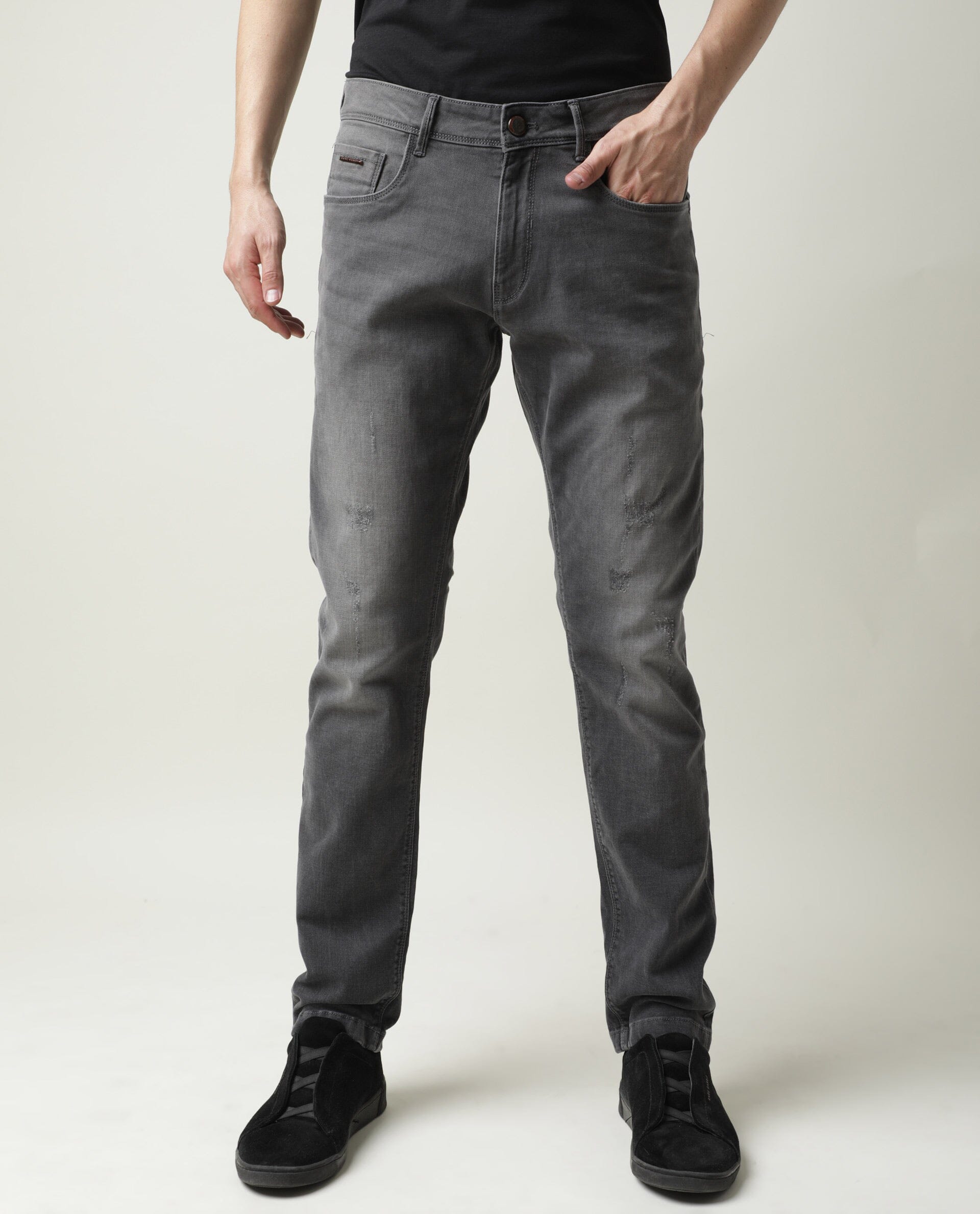 Rare Rabbit Men's Granate Grey Plain Morris Regular Fit Jeans