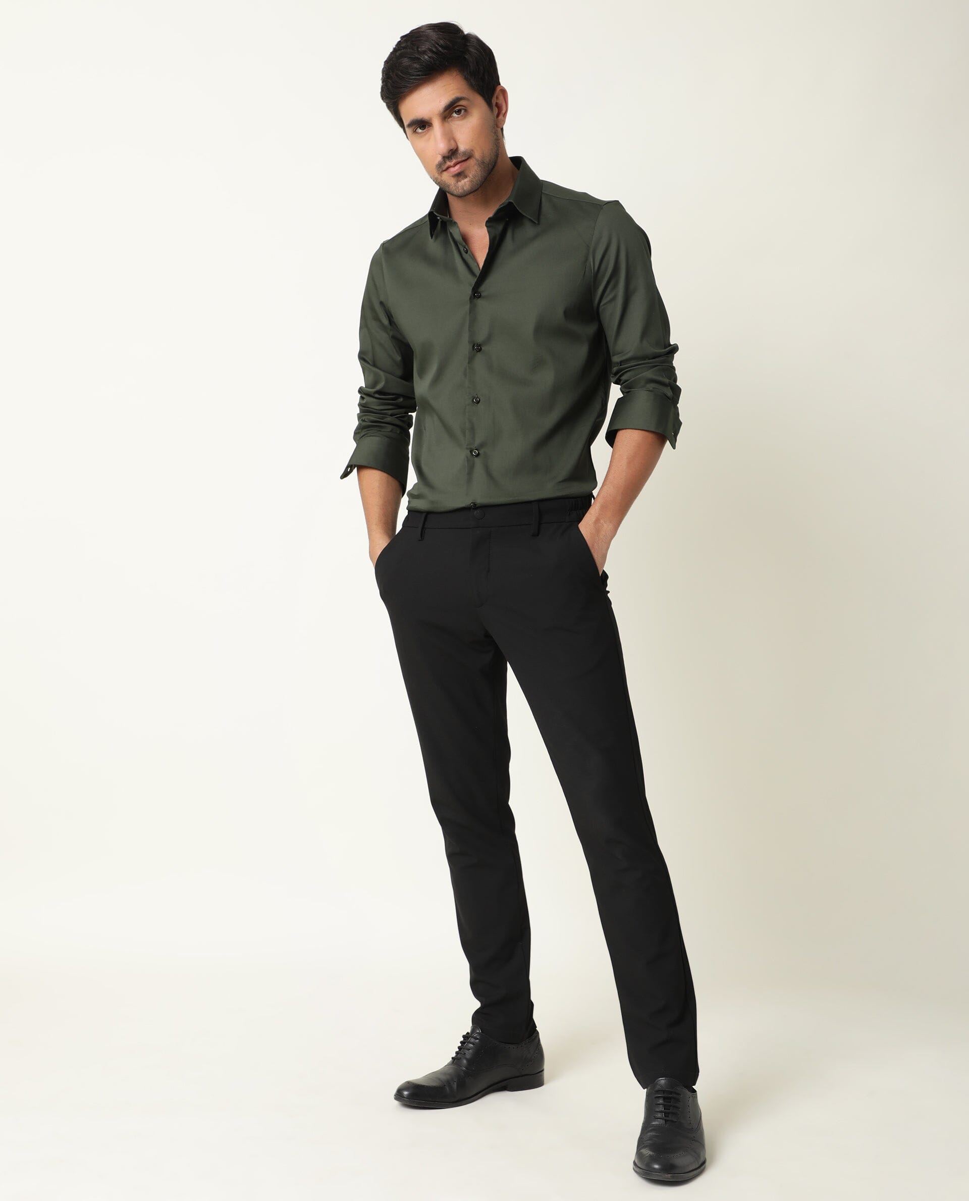 Rare Rabbit Men's Holand Olive Satin Plain Regular Fit Full Sleeve Button-Down Collar Shirt