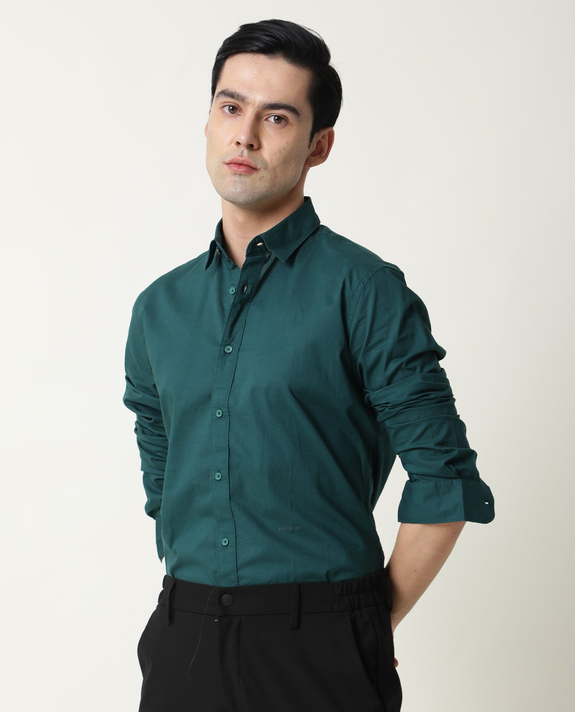 Rare Rabbit Men's Fullslee Petrol Cotton Plain Tailored Fit Full Sleeve Collared Shirt