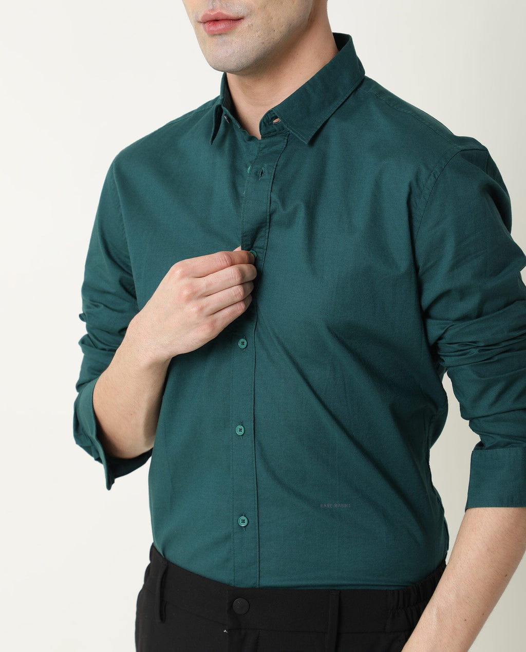 Rare Rabbit Men's Fullslee Petrol Cotton Plain Tailored Fit Full Sleeve Collared Shirt