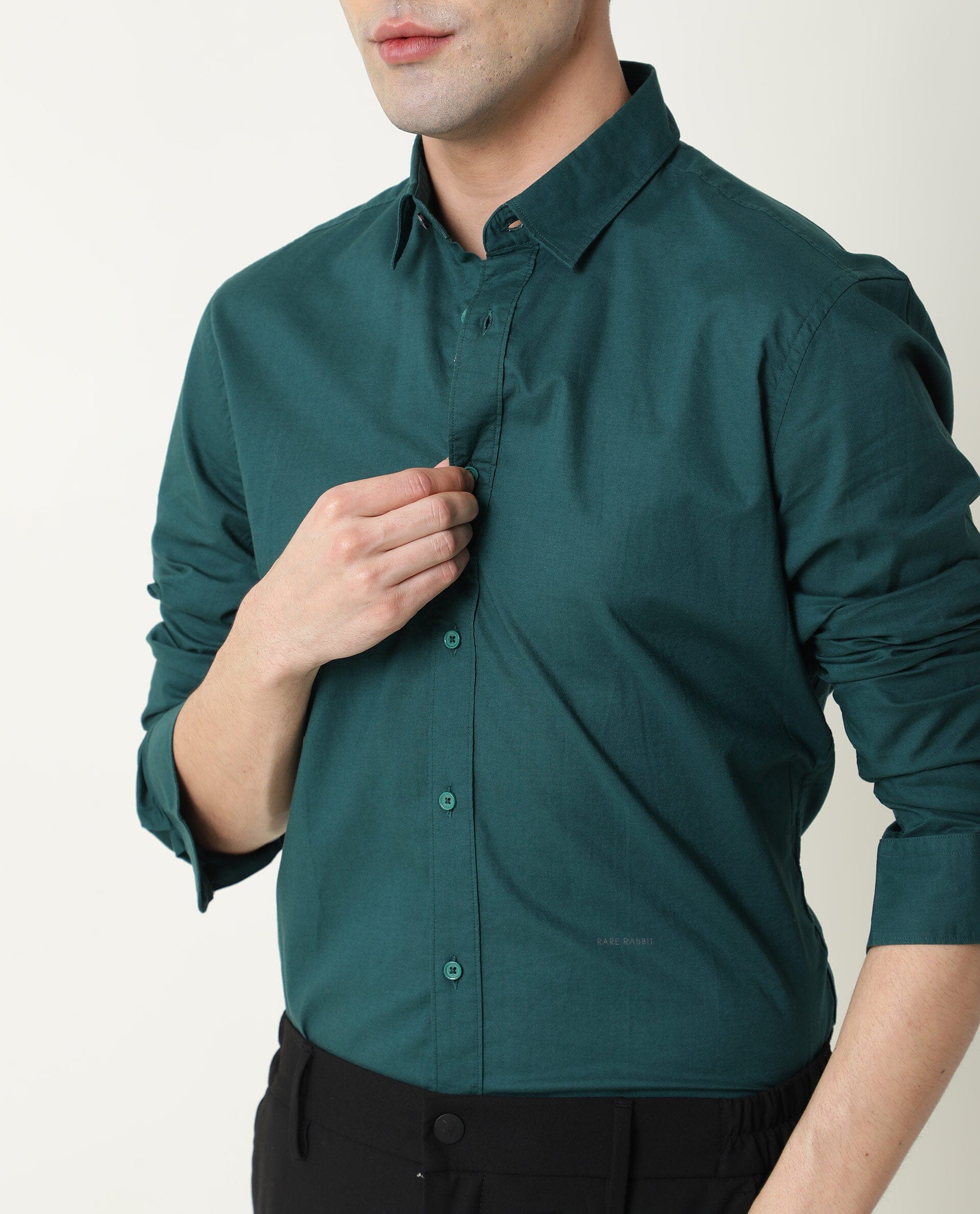Rare Rabbit Men's Fullslee Petrol Cotton Plain Tailored Fit Full Sleeve Collared Shirt