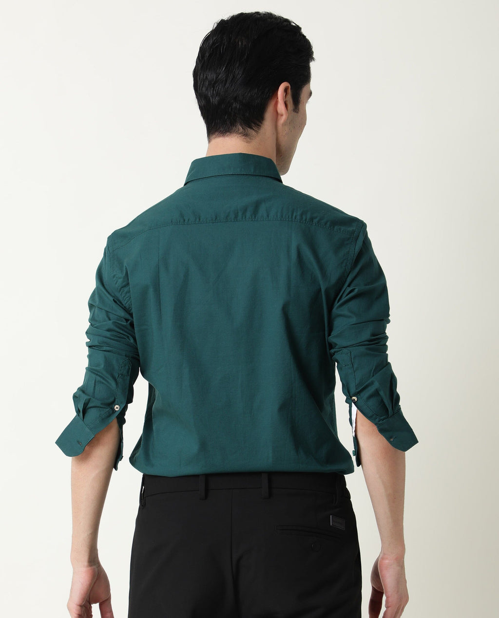 Rare Rabbit Men's Fullslee Petrol Cotton Plain Tailored Fit Full Sleeve Collared Shirt