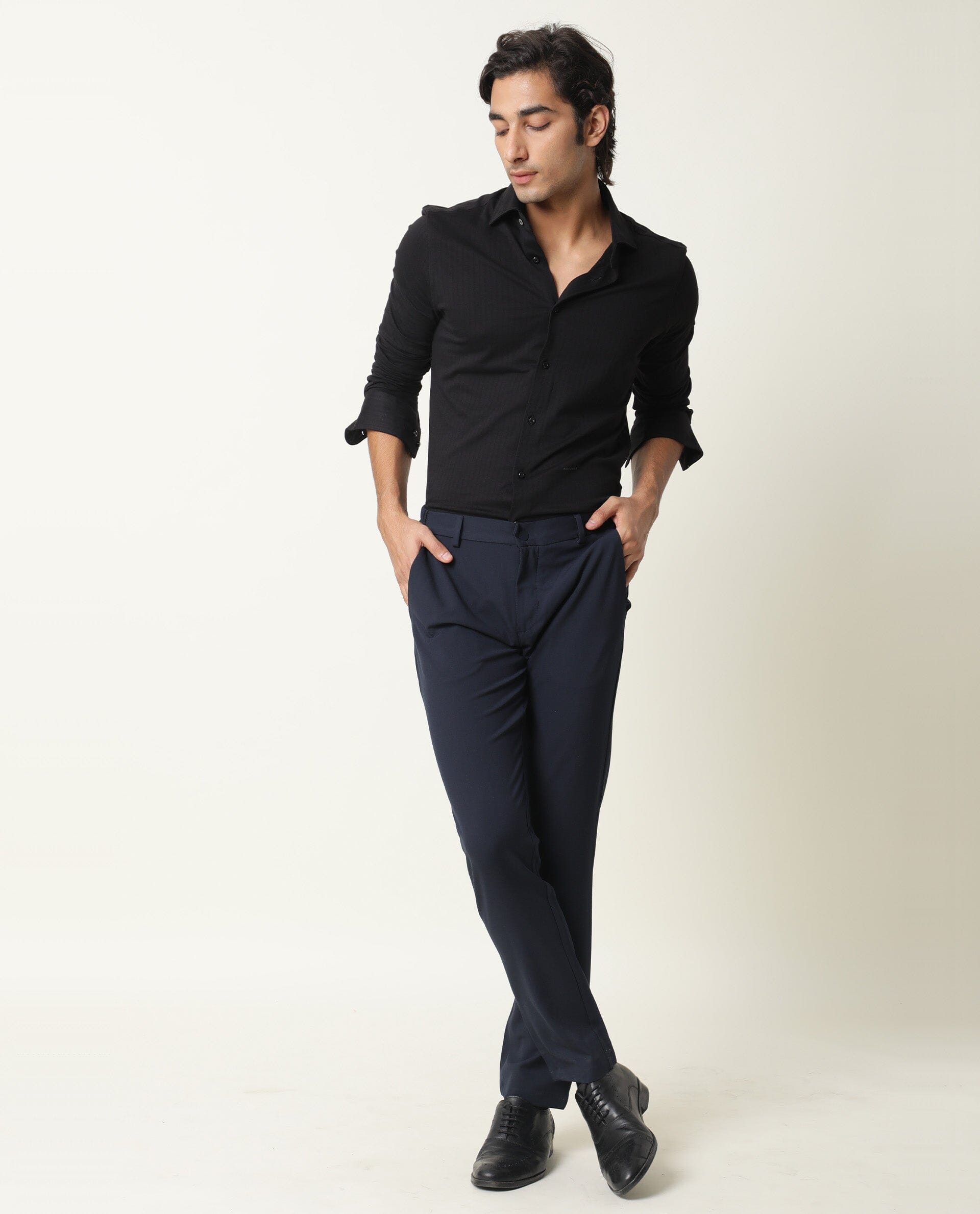 Rare Rabbit Men's Vertical Black Cotton Plain Regular Fit Full Sleeve Collared Shirt