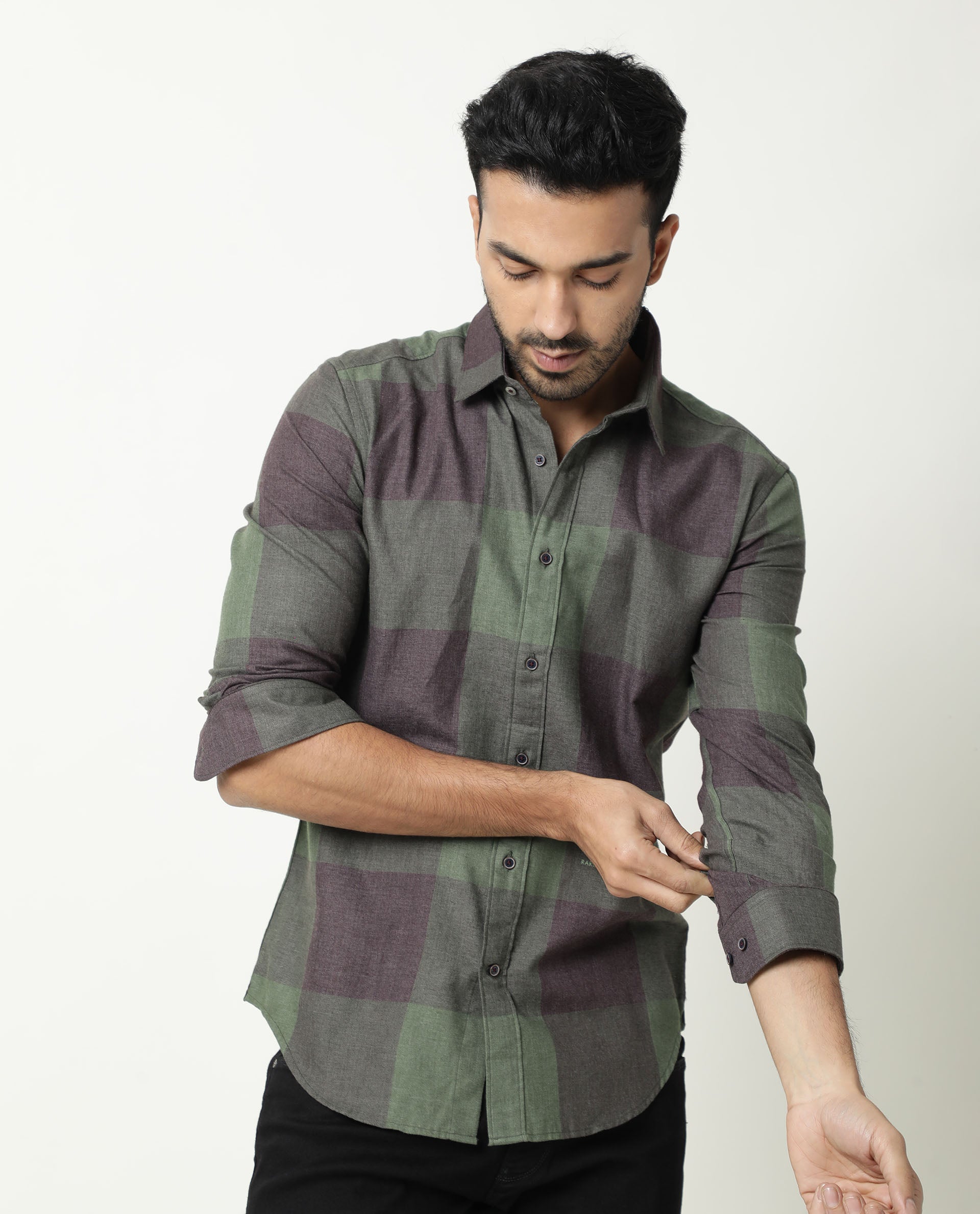 Rare Rabbit Men's Edd Green Cotton Checked Print Tailored Fit Full Sleeve Collared Shirt