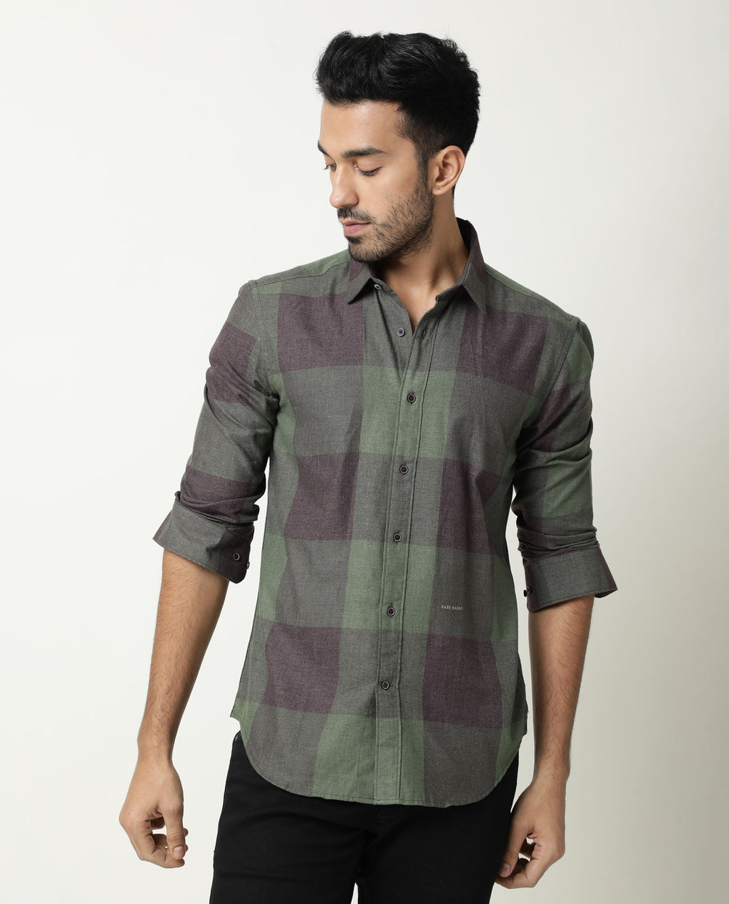 Rare Rabbit Men's Edd Green Cotton Checked Print Tailored Fit Full Sleeve Collared Shirt