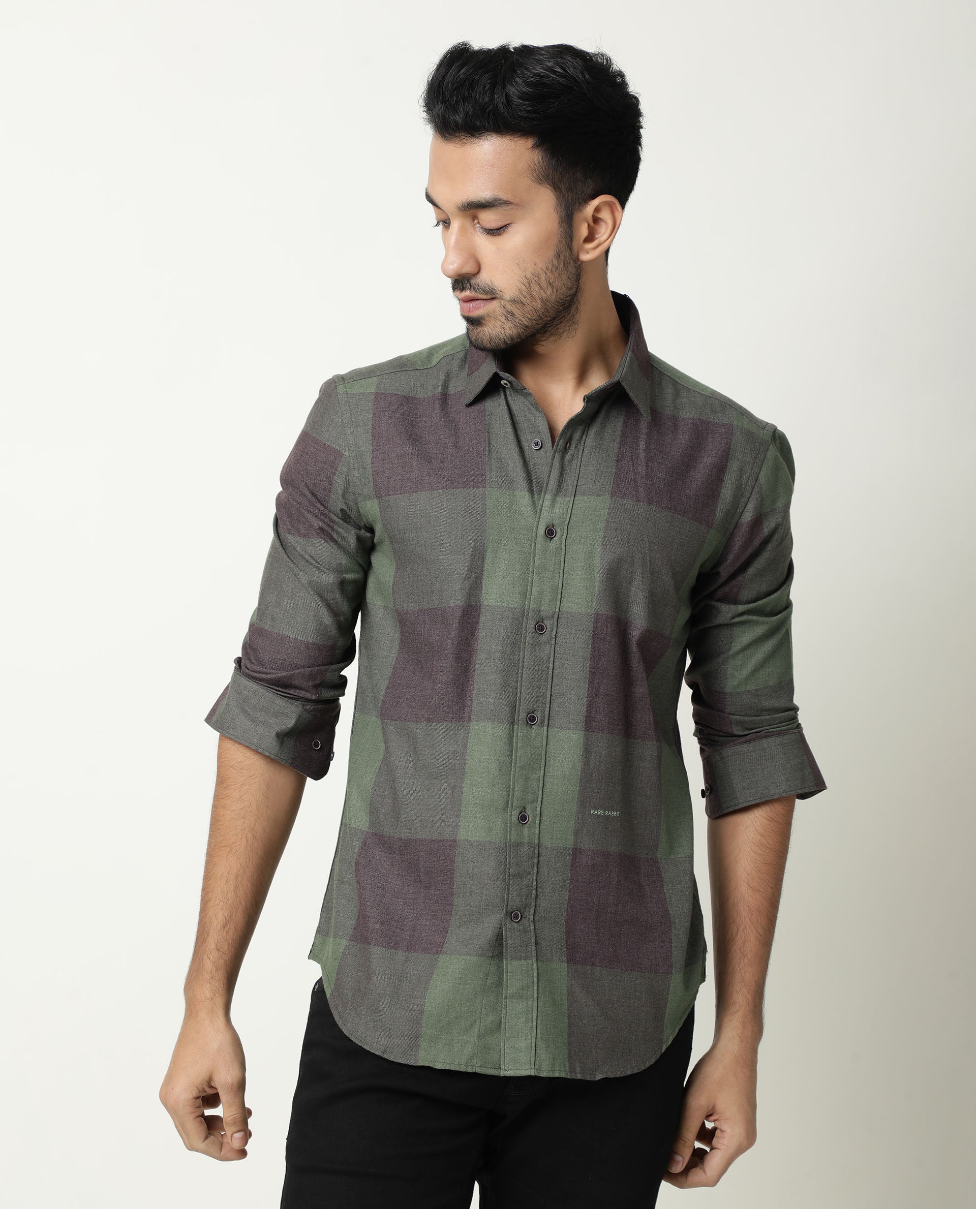 Rare Rabbit Men's Edd Green Cotton Checked Print Tailored Fit Full Sleeve Collared Shirt