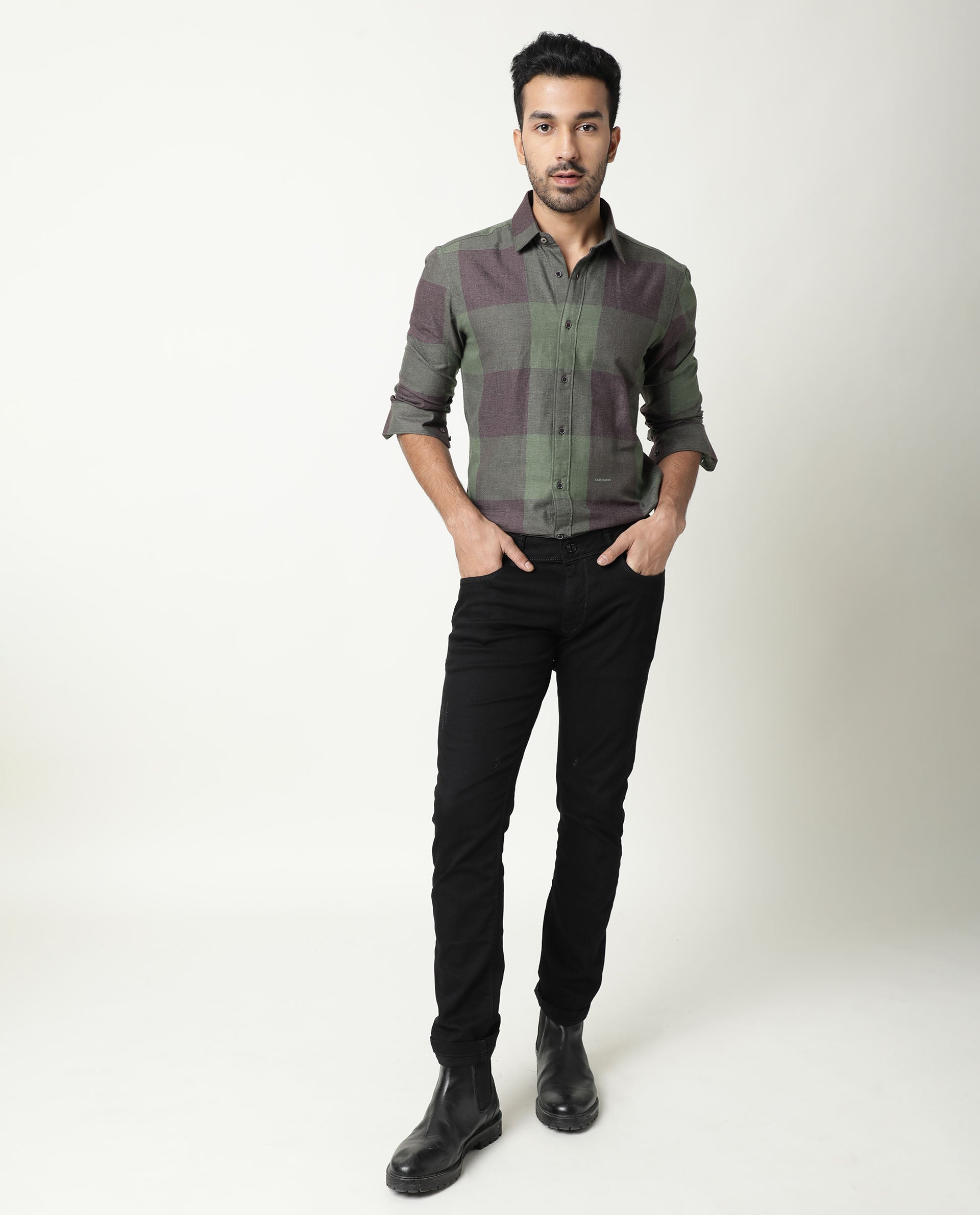 Rare Rabbit Men's Edd Green Cotton Checked Print Tailored Fit Full Sleeve Collared Shirt
