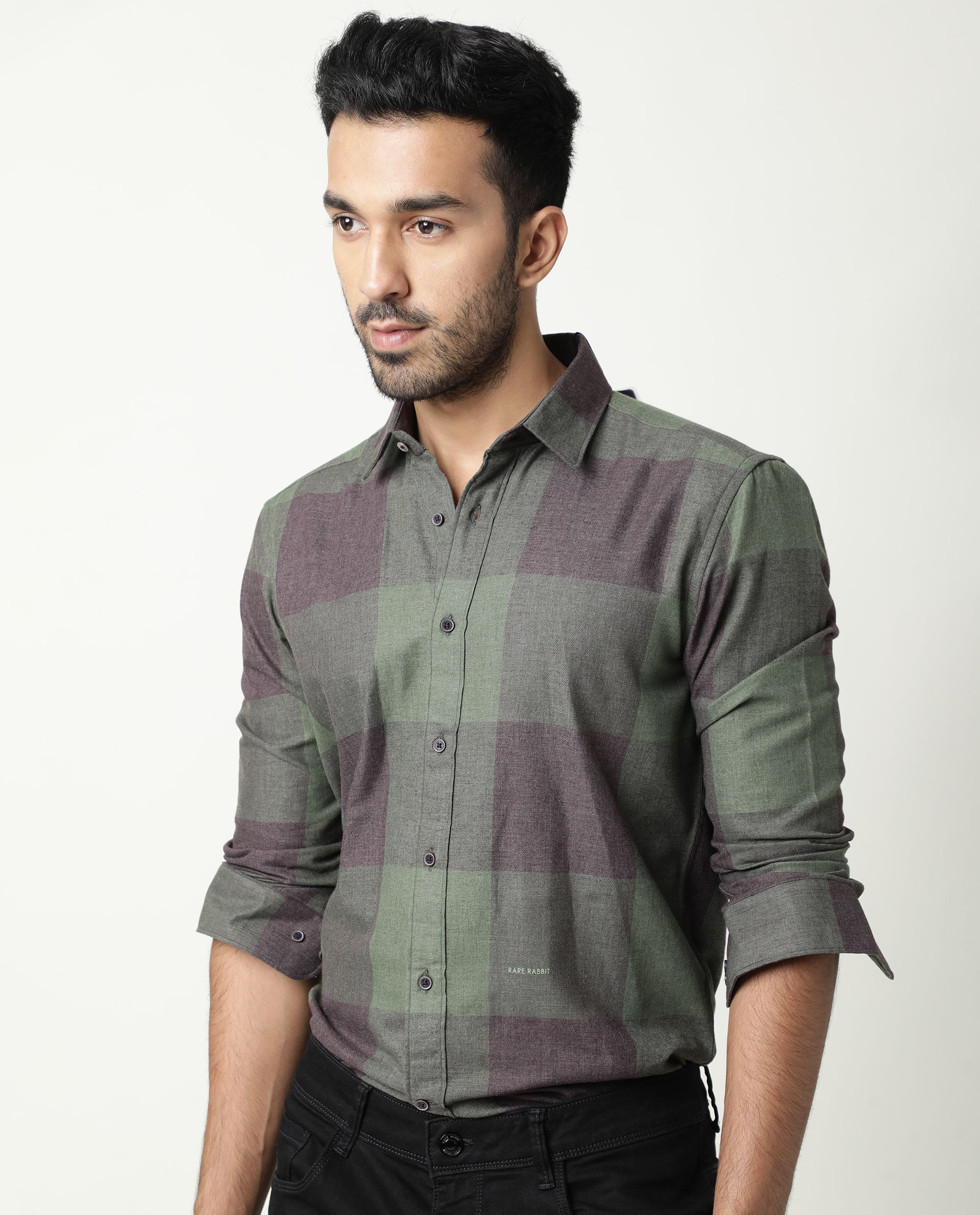 Rare Rabbit Men's Edd Green Cotton Checked Print Tailored Fit Full Sleeve Collared Shirt