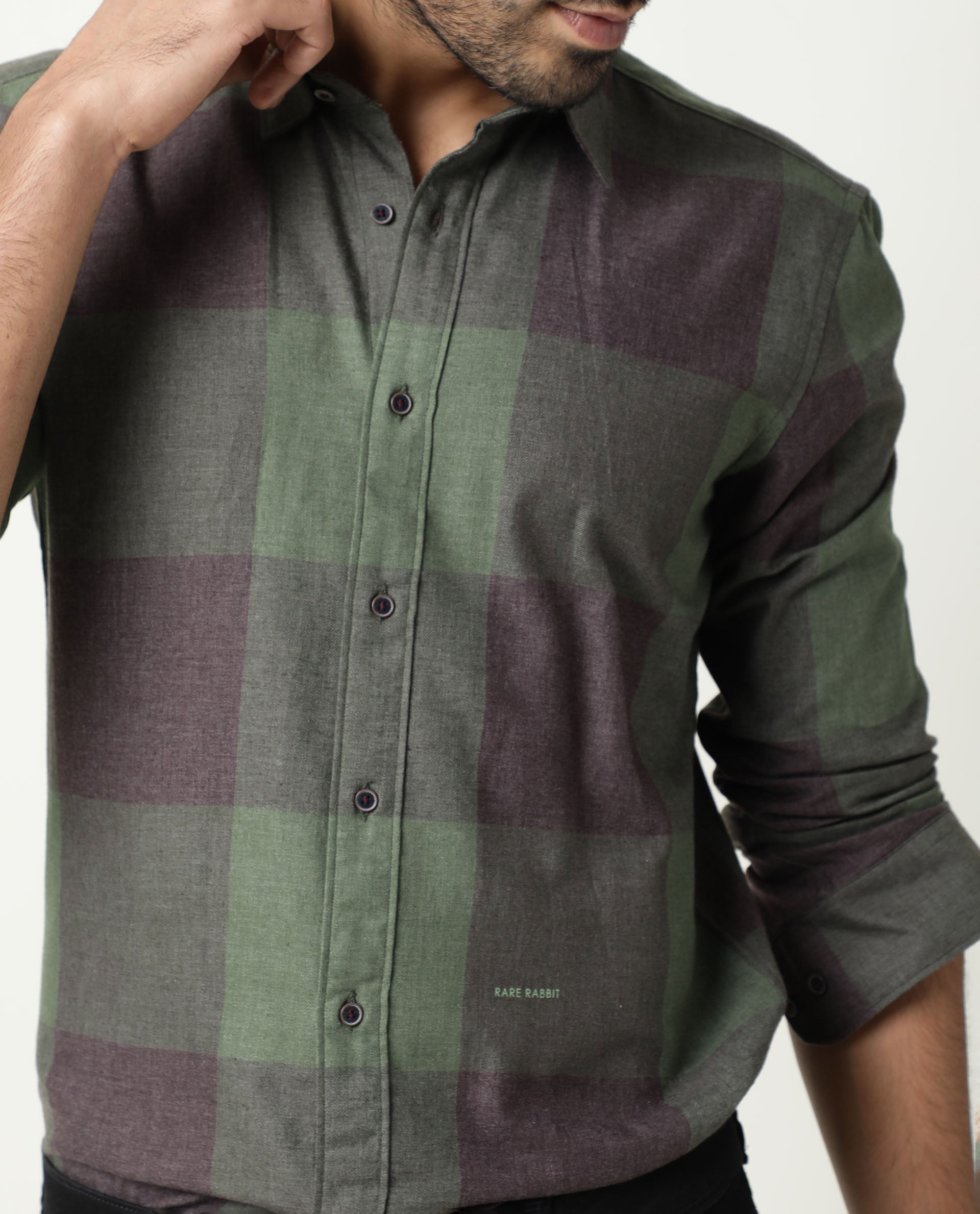 Rare Rabbit Men's Edd Green Cotton Checked Print Tailored Fit Full Sleeve Collared Shirt