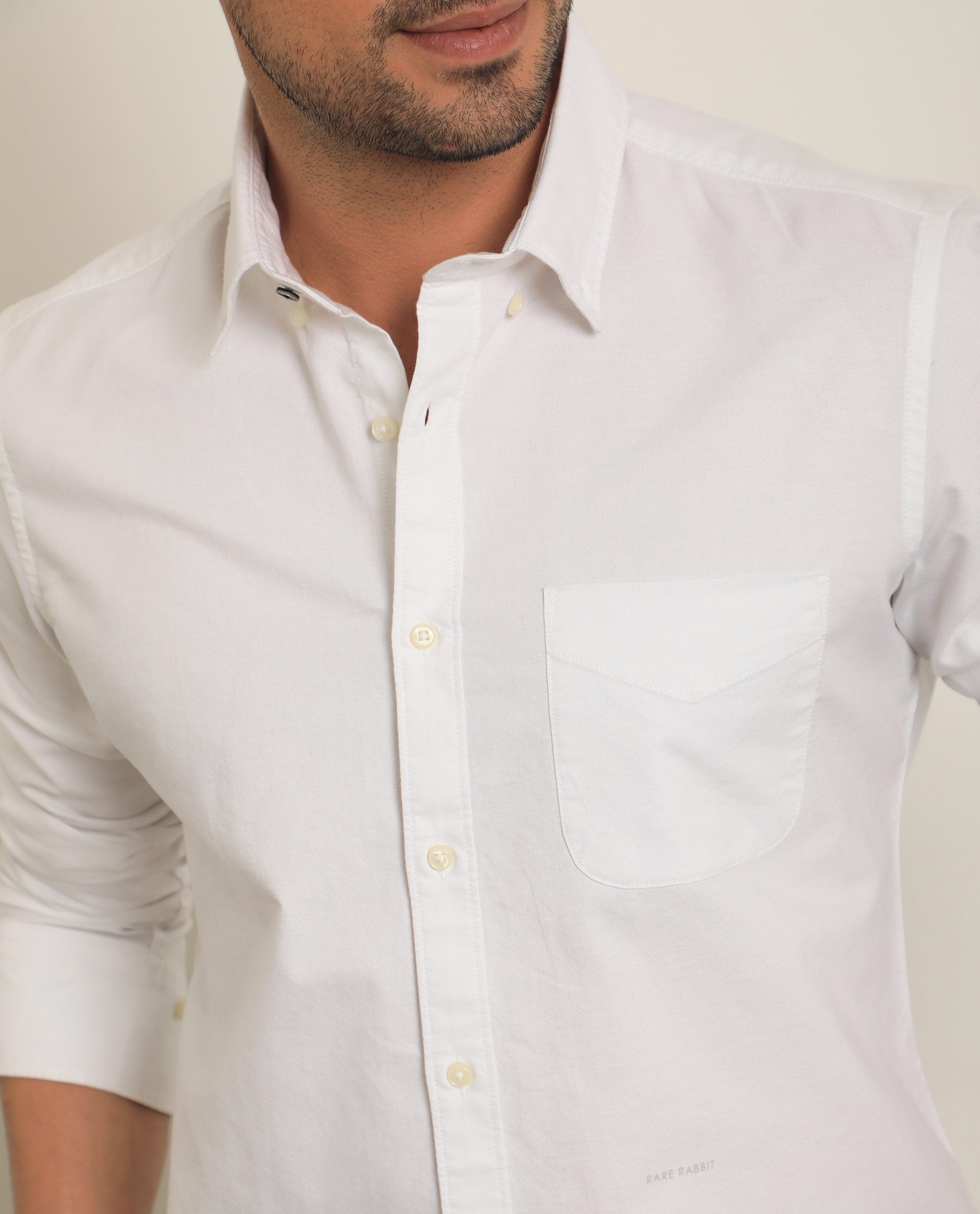Rare Rabbit Men's Auxfo White Cotton Plain Regular Fit Full Sleeve Collared Shirt