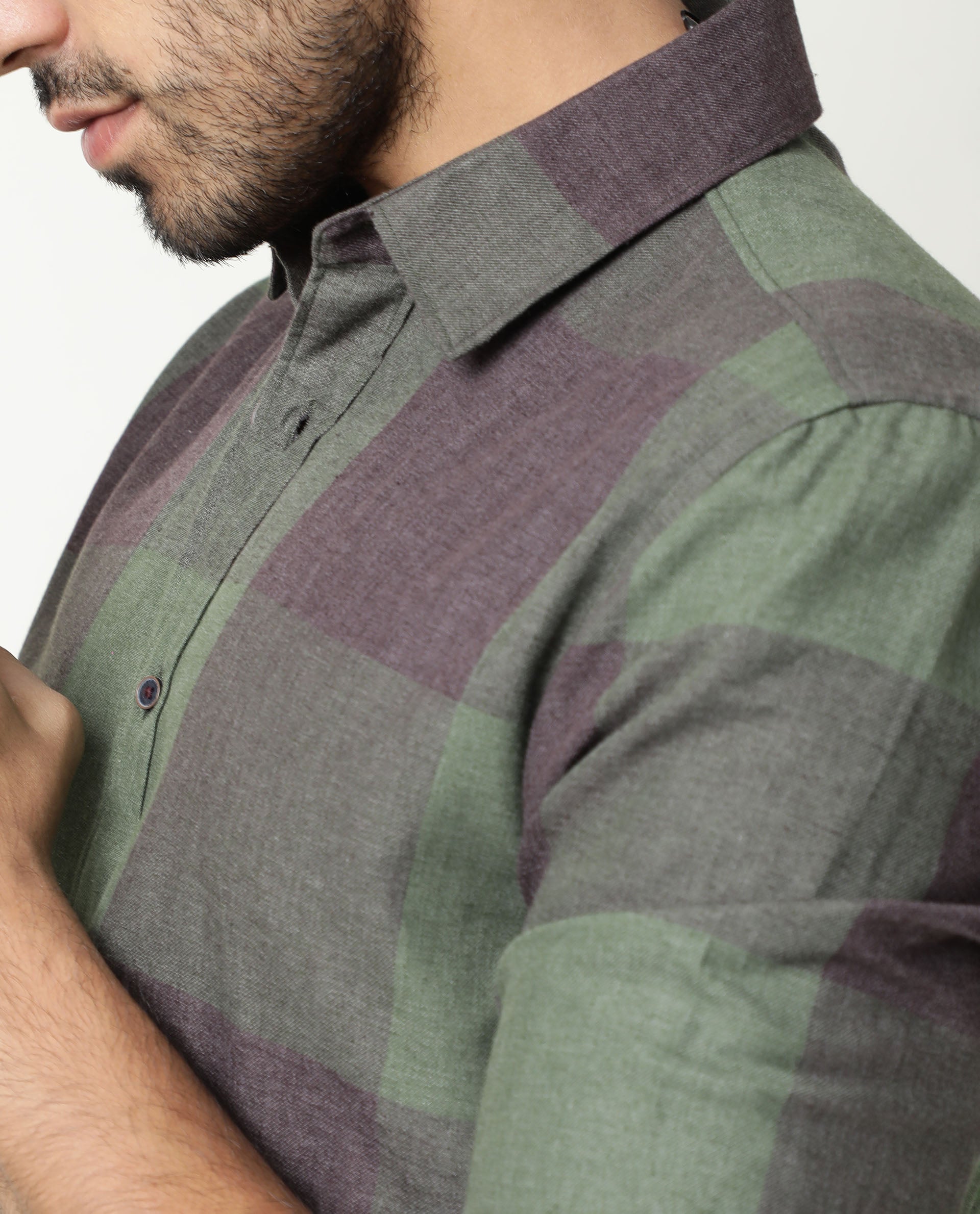 Rare Rabbit Men's Edd Green Cotton Checked Print Tailored Fit Full Sleeve Collared Shirt