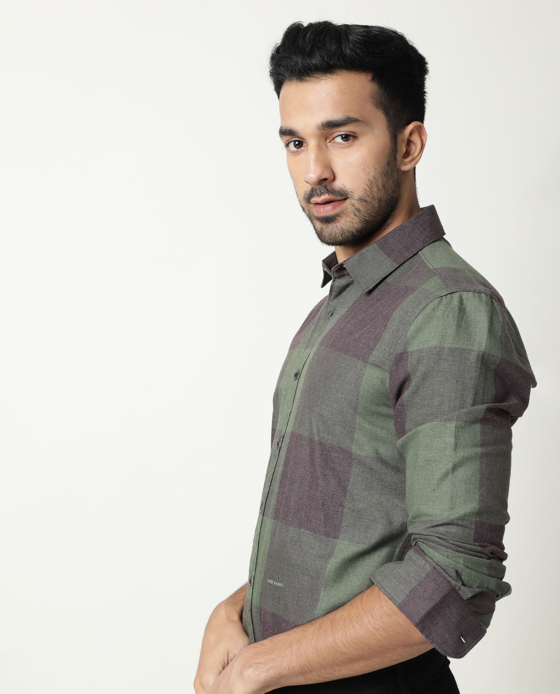 Rare Rabbit Men's Edd Green Cotton Checked Print Tailored Fit Full Sleeve Collared Shirt