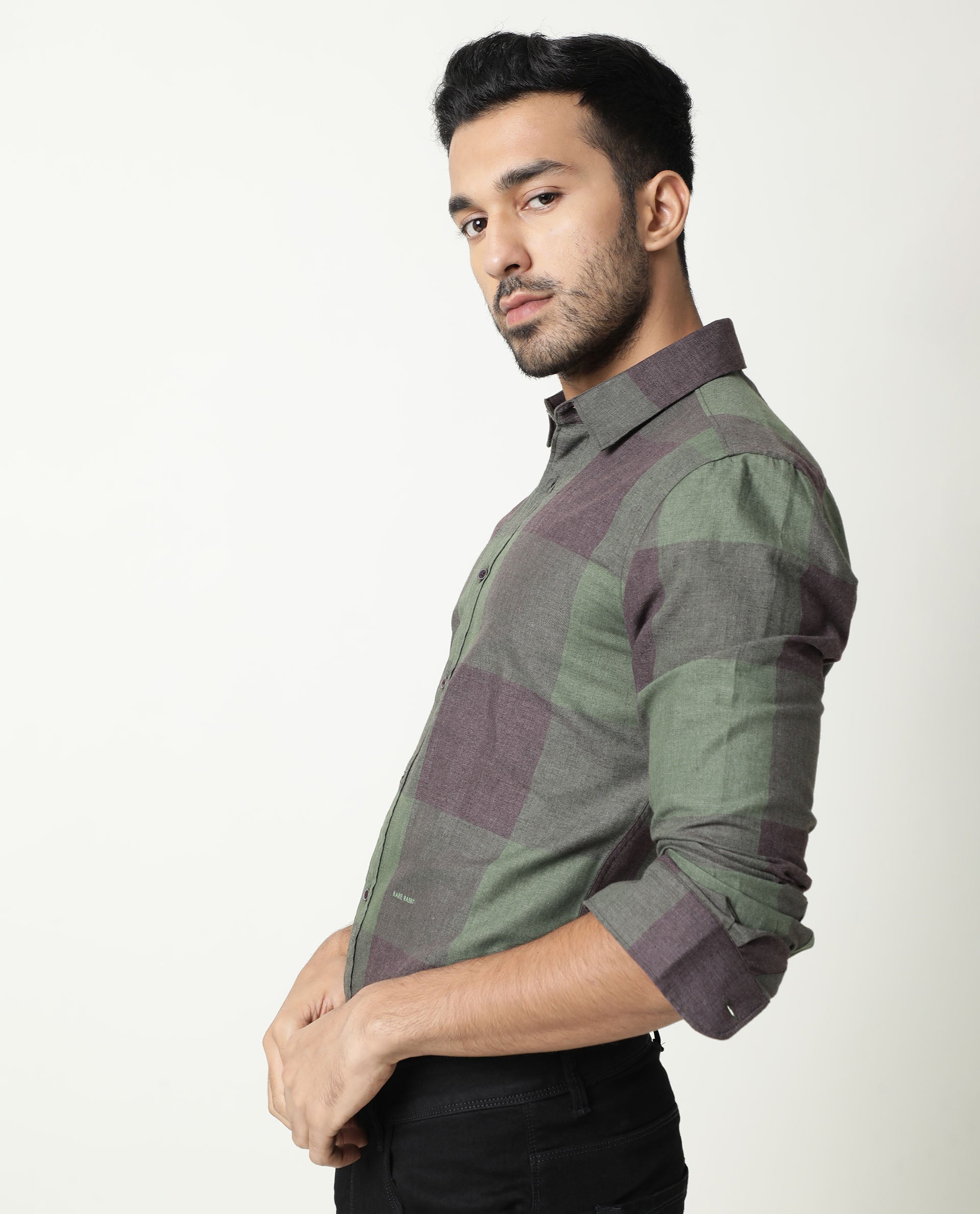 Rare Rabbit Men's Edd Green Cotton Checked Print Tailored Fit Full Sleeve Collared Shirt