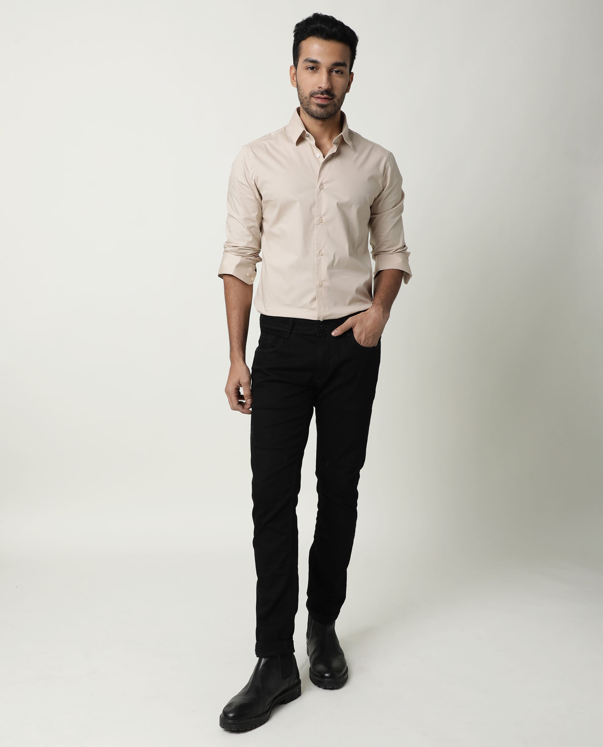 Rare Rabbit Men's Neutrons Beige Cotton Plain Regular Fit Full Sleeve Collared Shirt