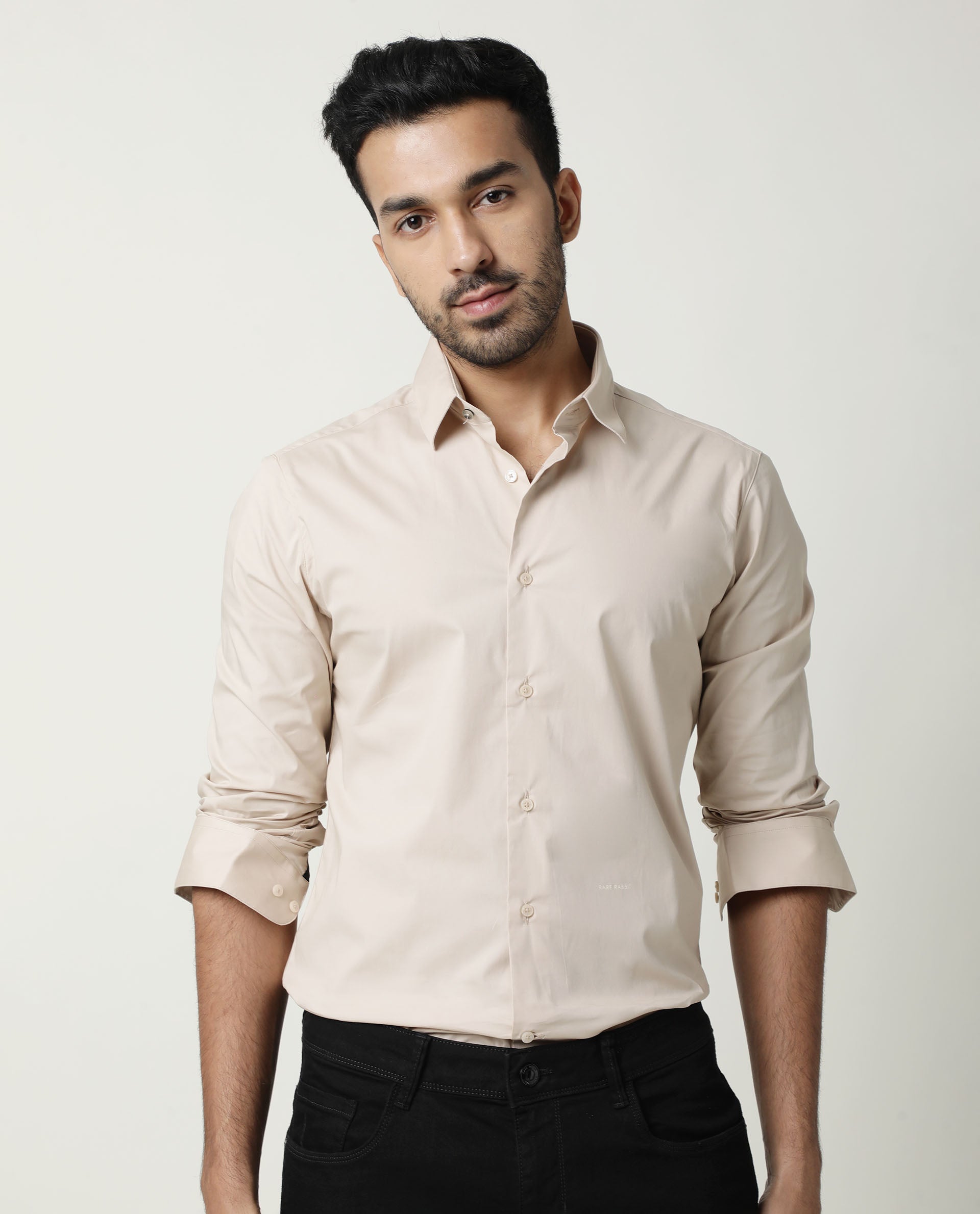 Rare Rabbit Men's Neutrons Beige Cotton Plain Regular Fit Full Sleeve Collared Shirt