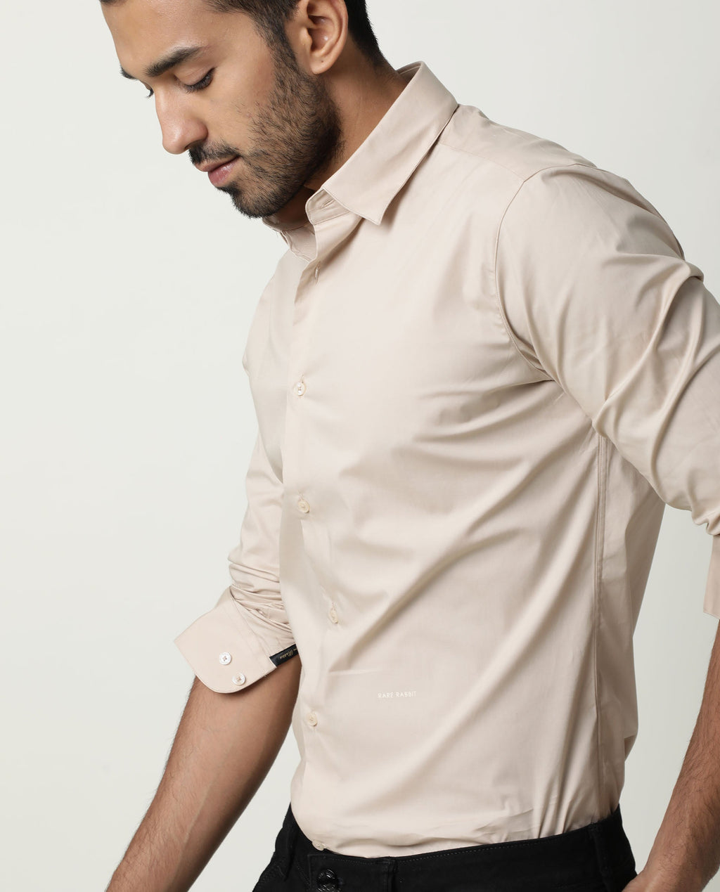 Rare Rabbit Men's Neutrons Beige Cotton Plain Regular Fit Full Sleeve Collared Shirt