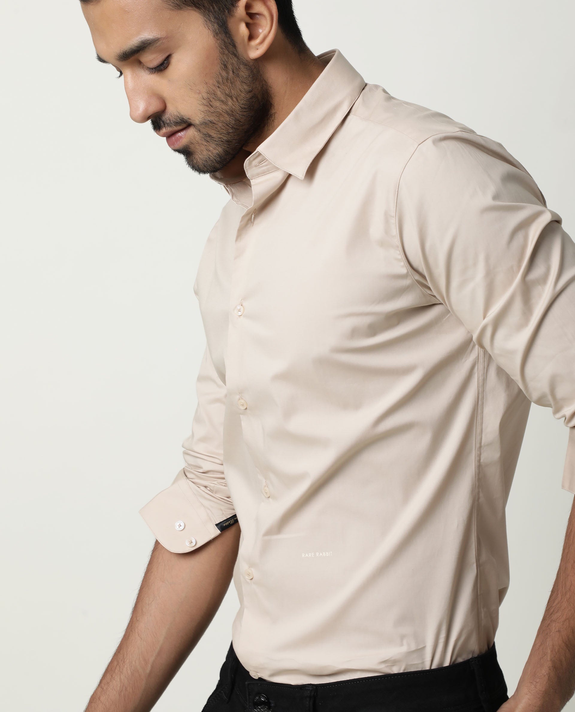 Rare Rabbit Men's Neutrons Beige Cotton Plain Regular Fit Full Sleeve Collared Shirt