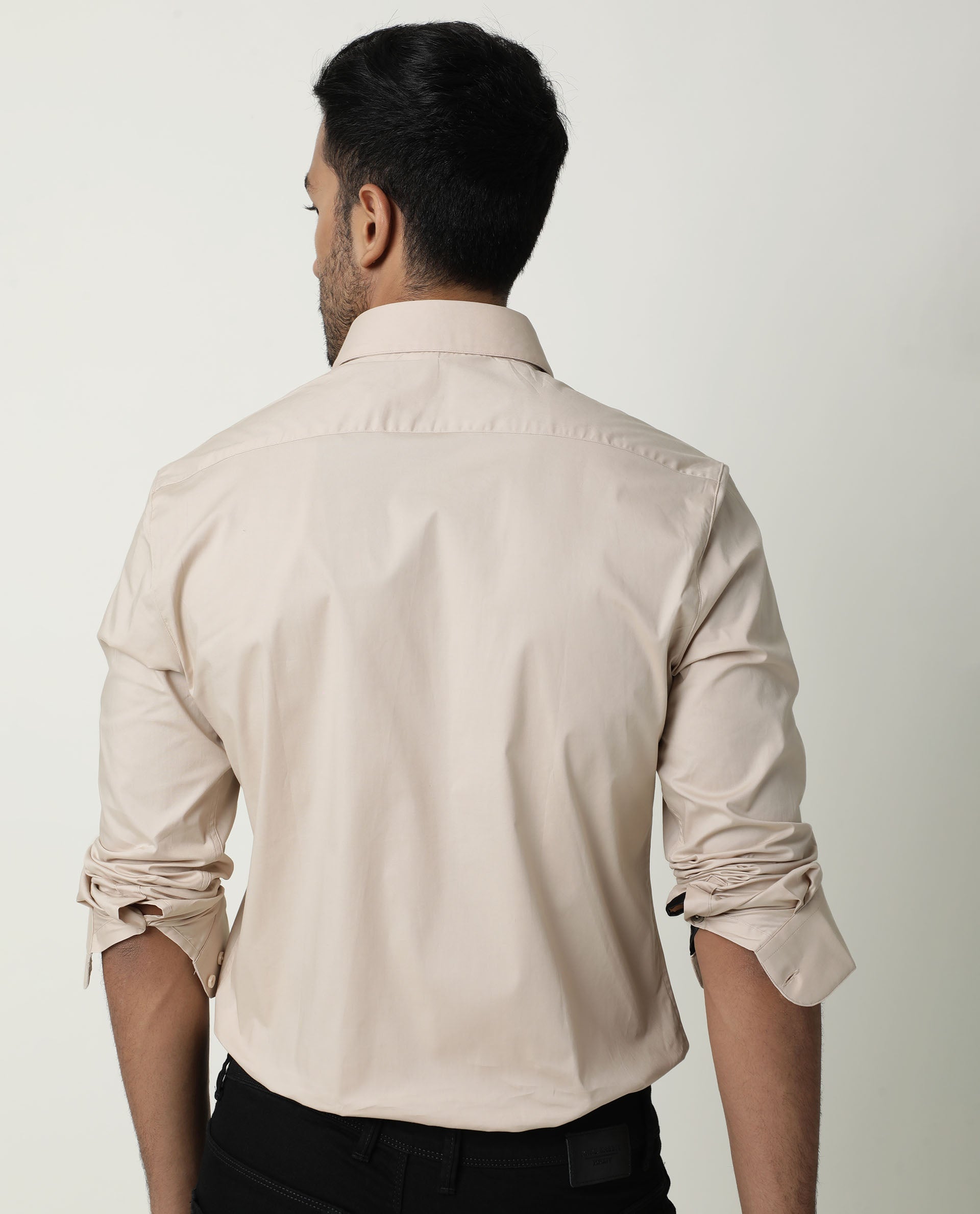 Rare Rabbit Men's Neutrons Beige Cotton Plain Regular Fit Full Sleeve Collared Shirt