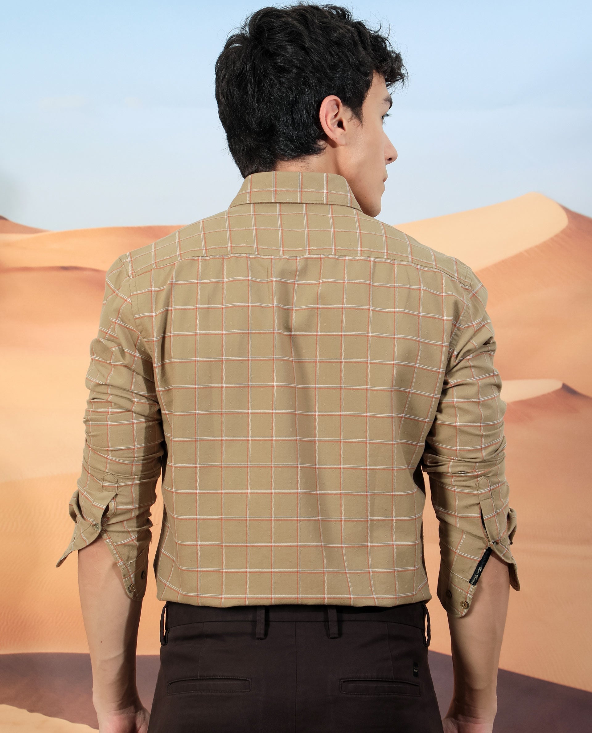 Rare Rabbit Men's Lanny Beige Cotton Checked Print Regular Fit Full Sleeve Collared Shirt