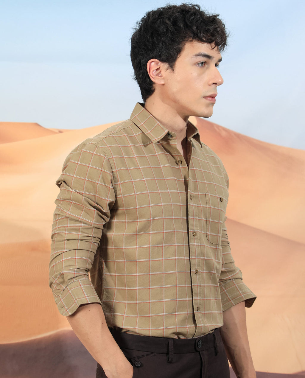 Rare Rabbit Men's Lanny Beige Cotton Checked Print Regular Fit Full Sleeve Collared Shirt
