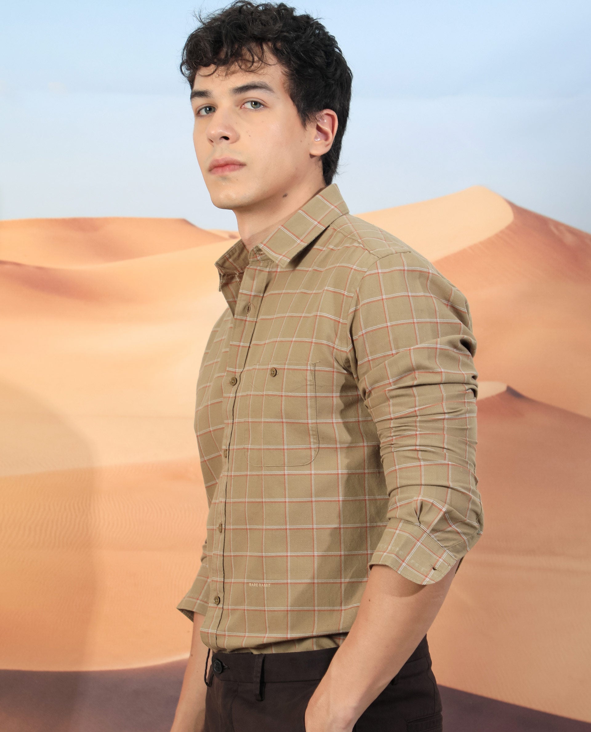 Rare Rabbit Men's Lanny Beige Cotton Checked Print Regular Fit Full Sleeve Collared Shirt